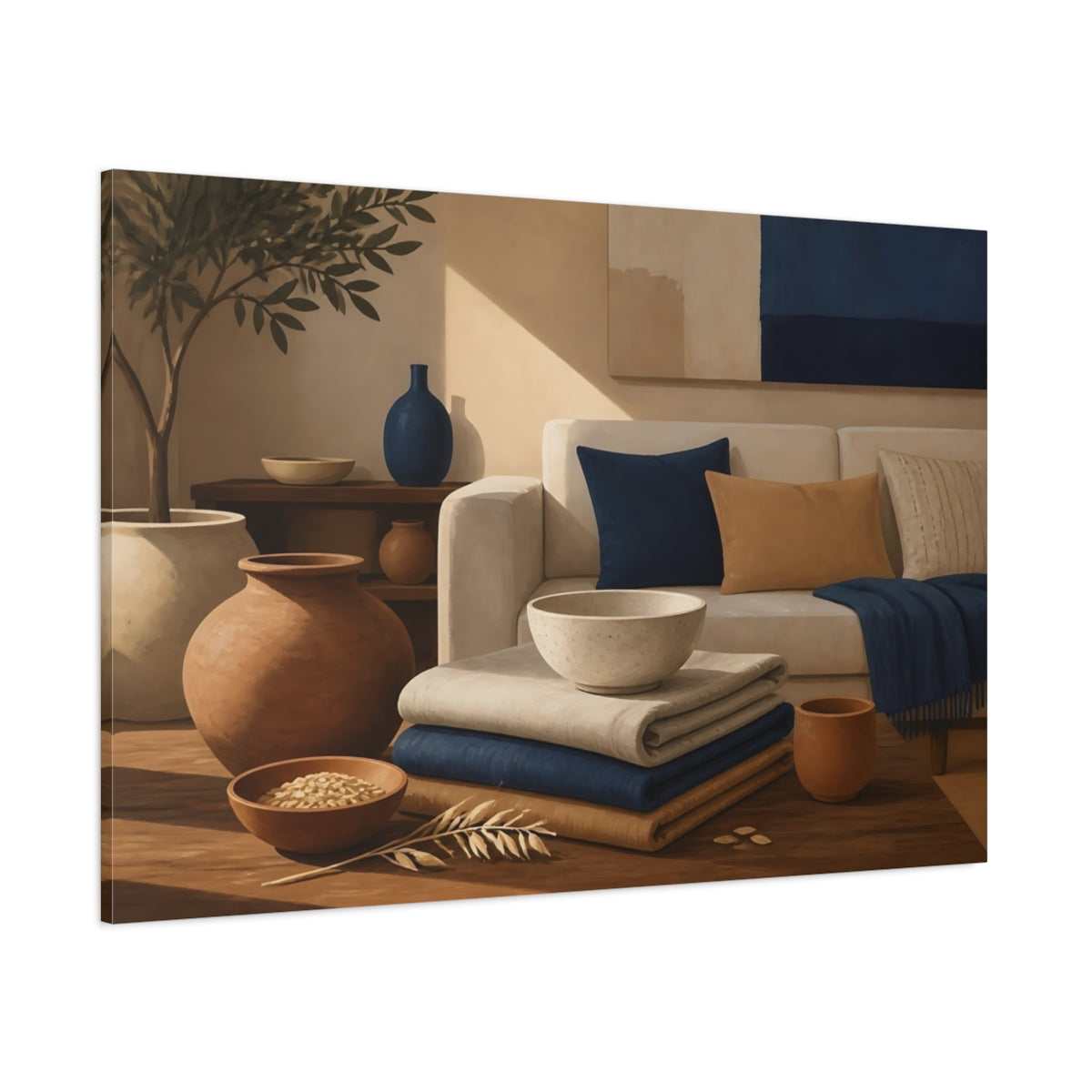Side Mockup 1. Earthy Pottery & Textiles shown as canvas print