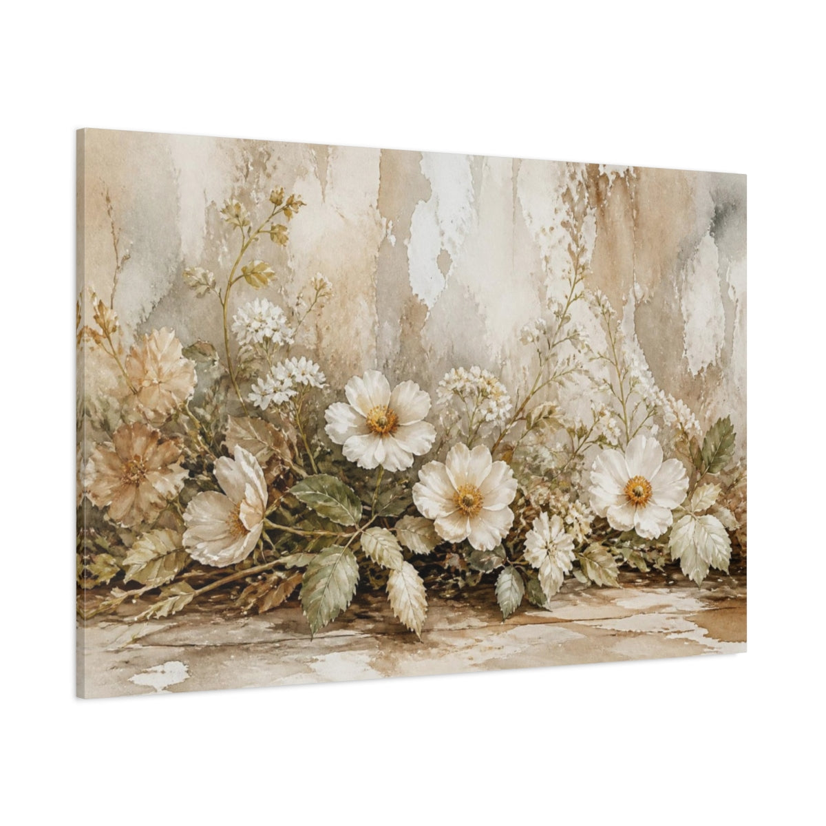 Side Mockup 1. Earthy White Wildflower Garland shown as canvas print