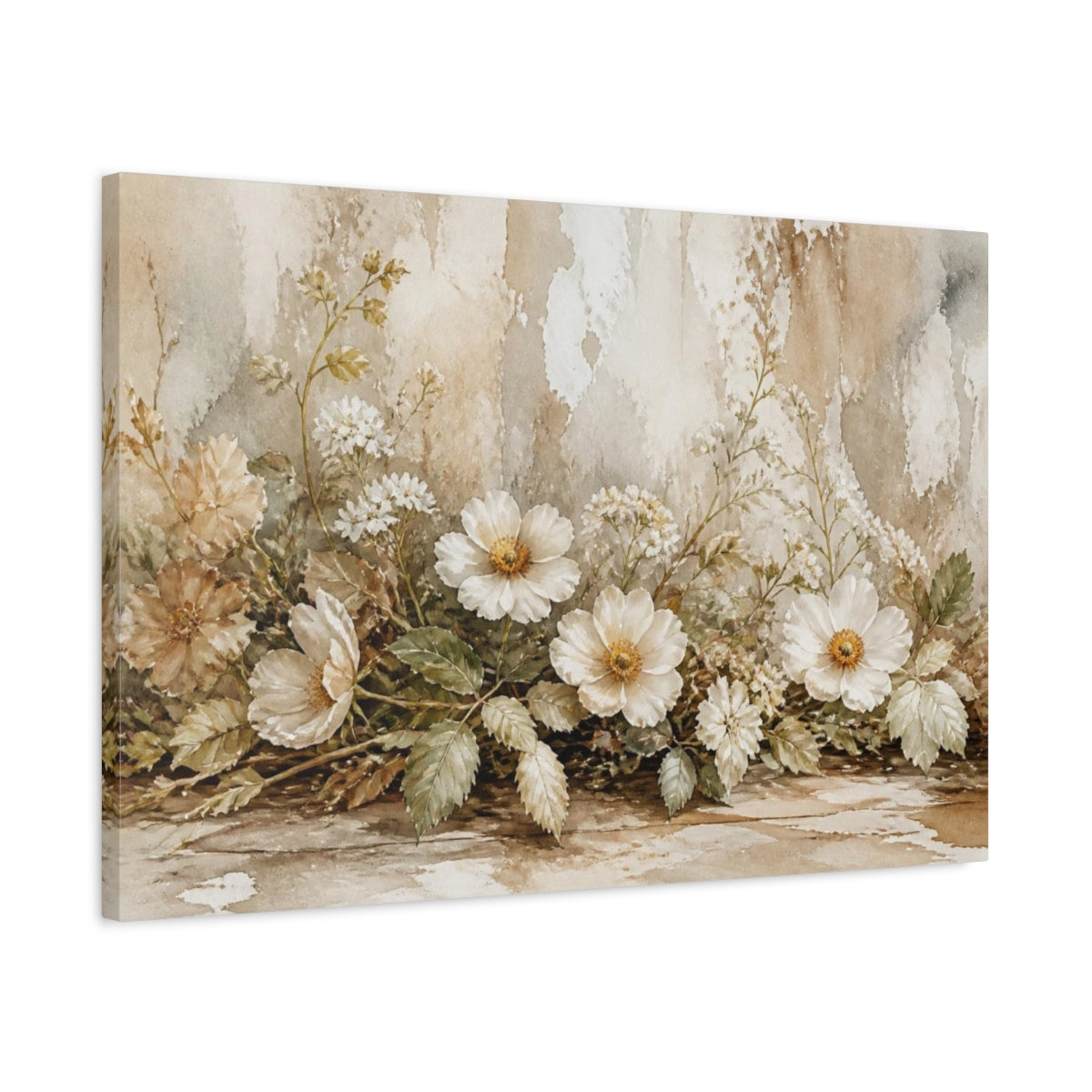 Side Mockup 2. Earthy White Wildflower Garland shown as canvas print