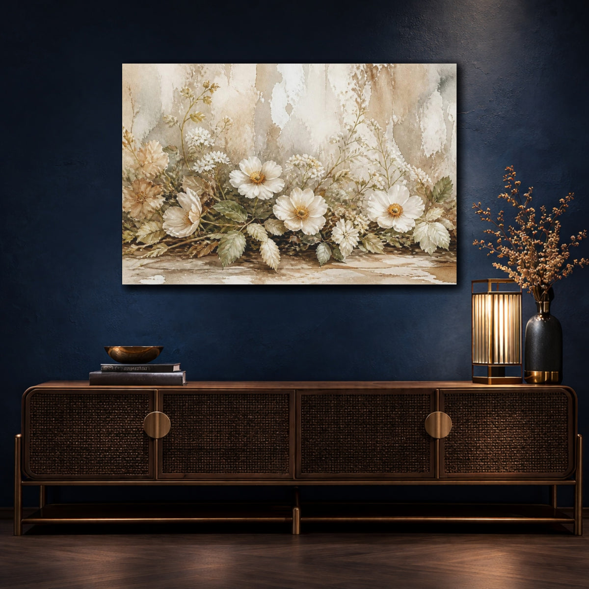Mockup 4. Earthy White Wildflower Garland shown as canvas print