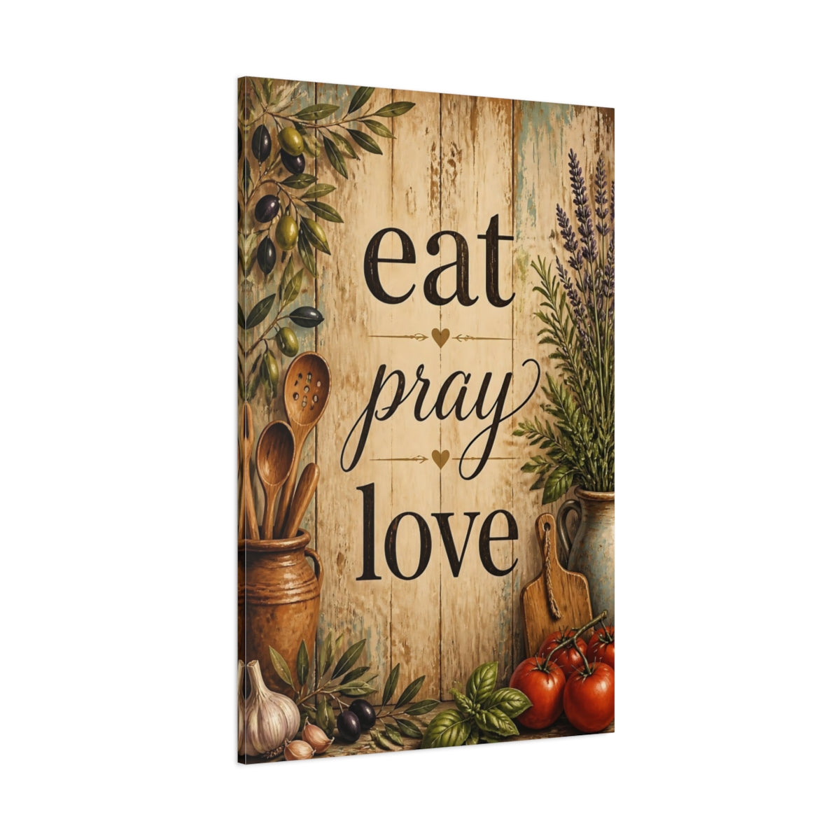 Side Mockup 1. Eat Pray Love Wood Sign shown as canvas print
