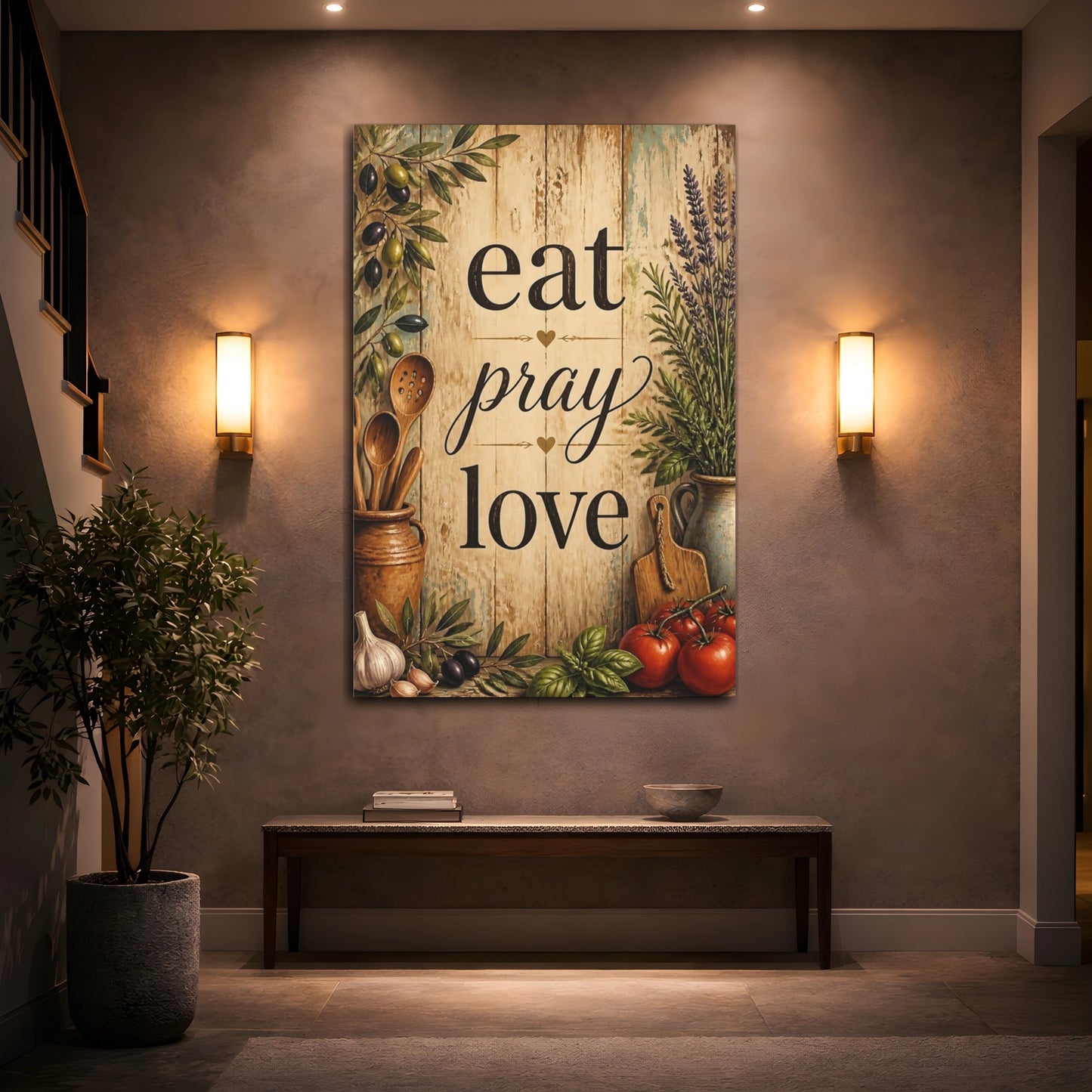 Mockup 2. Eat Pray Love Wood Sign shown as canvas print