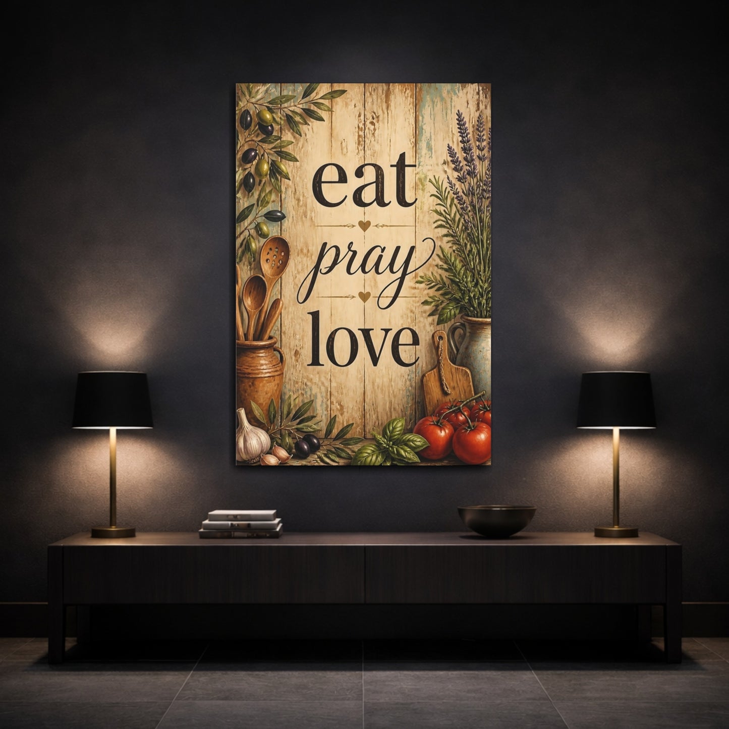 Mockup 3. Eat Pray Love Wood Sign shown as canvas print