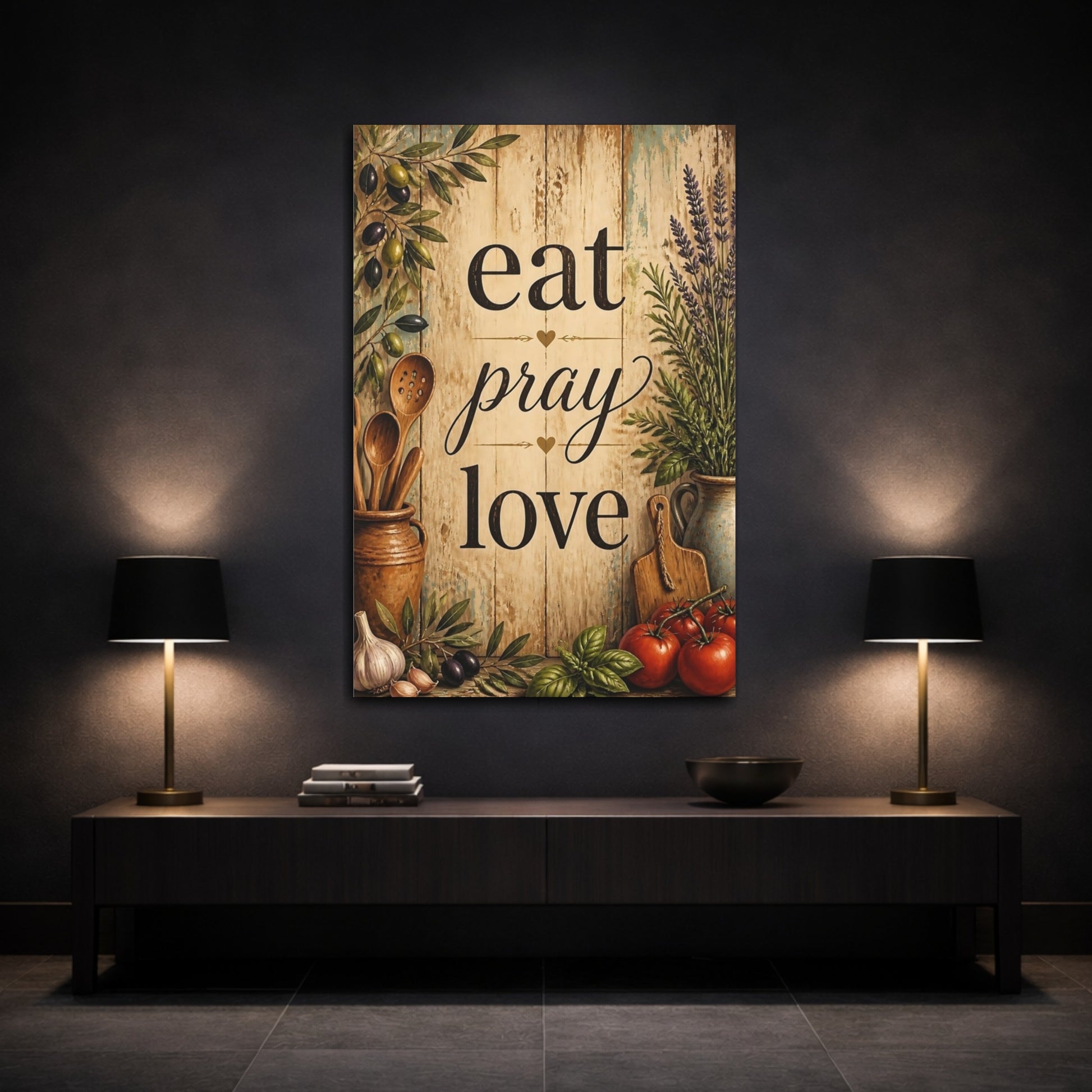 Mockup 3. Eat Pray Love Wood Sign shown as canvas print