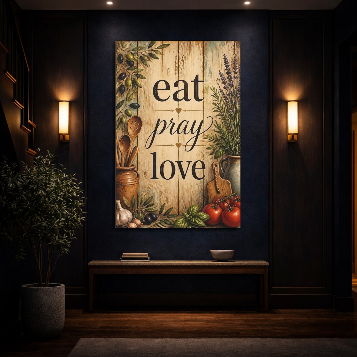 Mockup 4. Eat Pray Love Wood Sign shown as canvas print