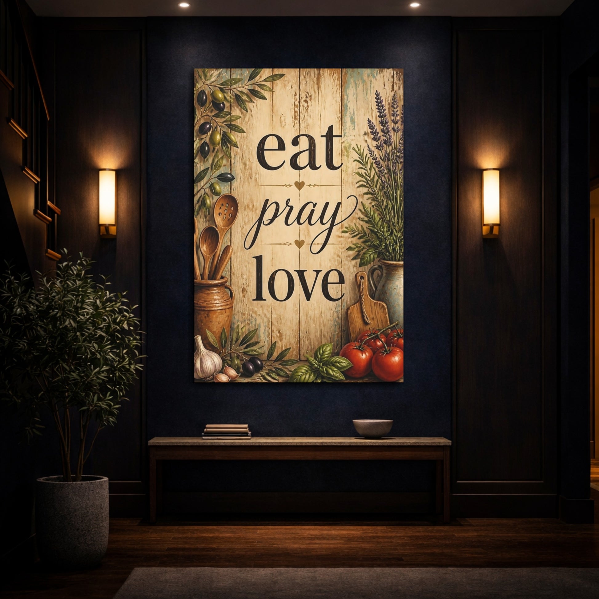 Mockup 4. Eat Pray Love Wood Sign shown as canvas print