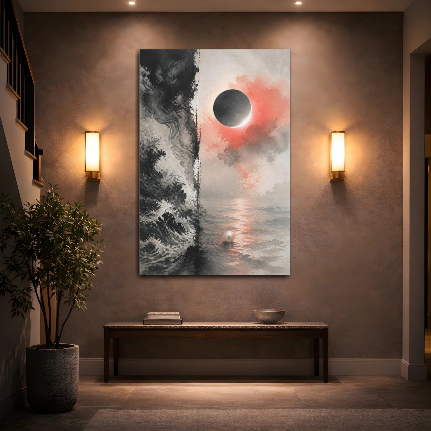 Mockup 2. Eclipse Over Pearl Sea shown as canvas print