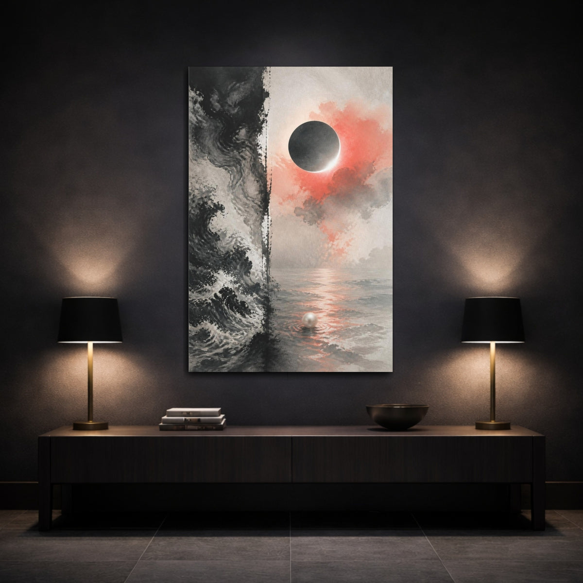 Mockup 3. Eclipse Over Pearl Sea shown as canvas print
