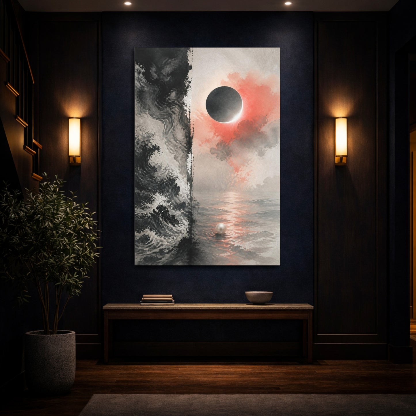 Mockup 4. Eclipse Over Pearl Sea shown as canvas print