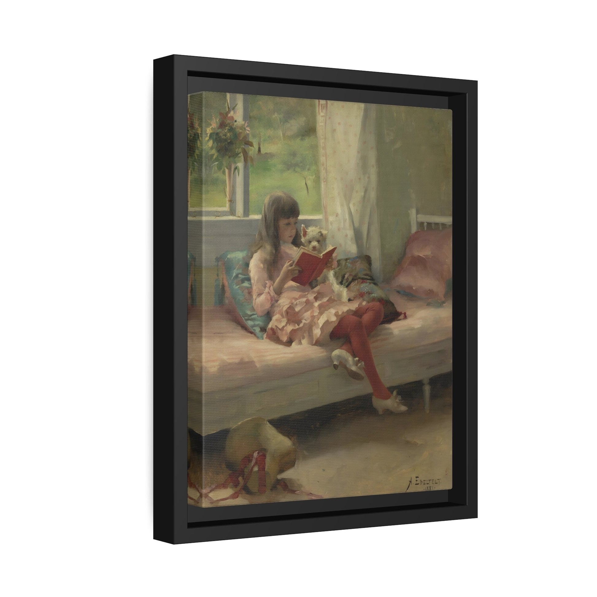 Edelfelt Good Friends Child Reading - Framed Canvas Wall Art Print in Black Frame