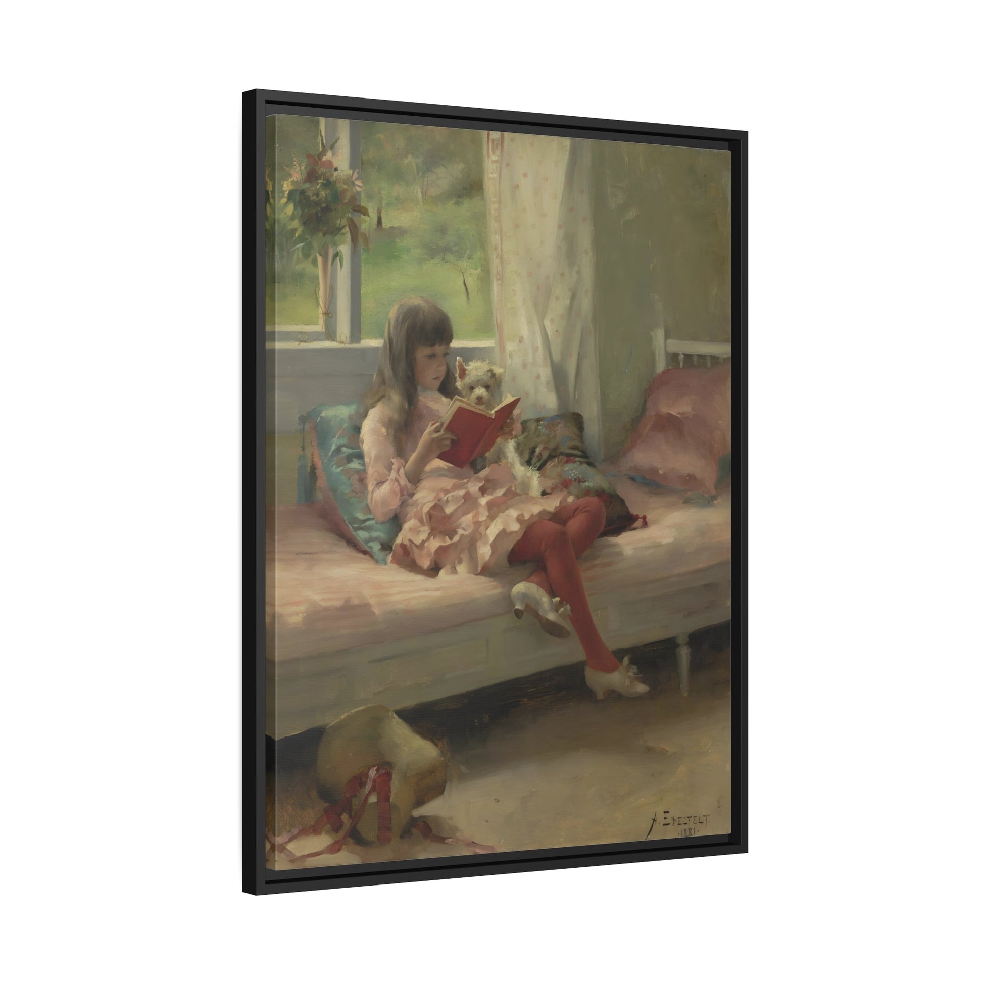 Edelfelt Good Friends Child Reading - Framed Canvas Wall Art Print in Black Frame