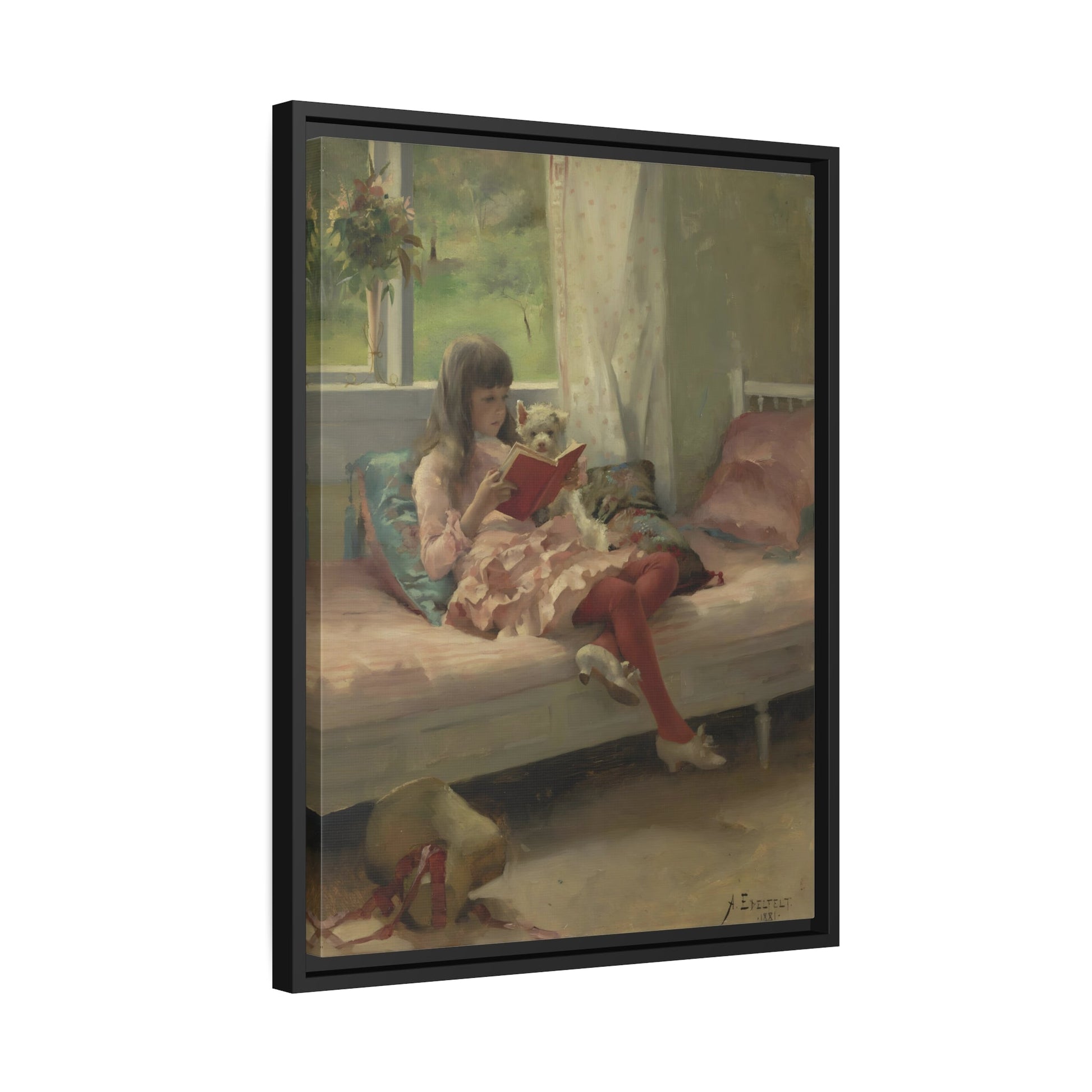 Edelfelt Good Friends Child Reading - Framed Canvas Wall Art Print in Black Frame