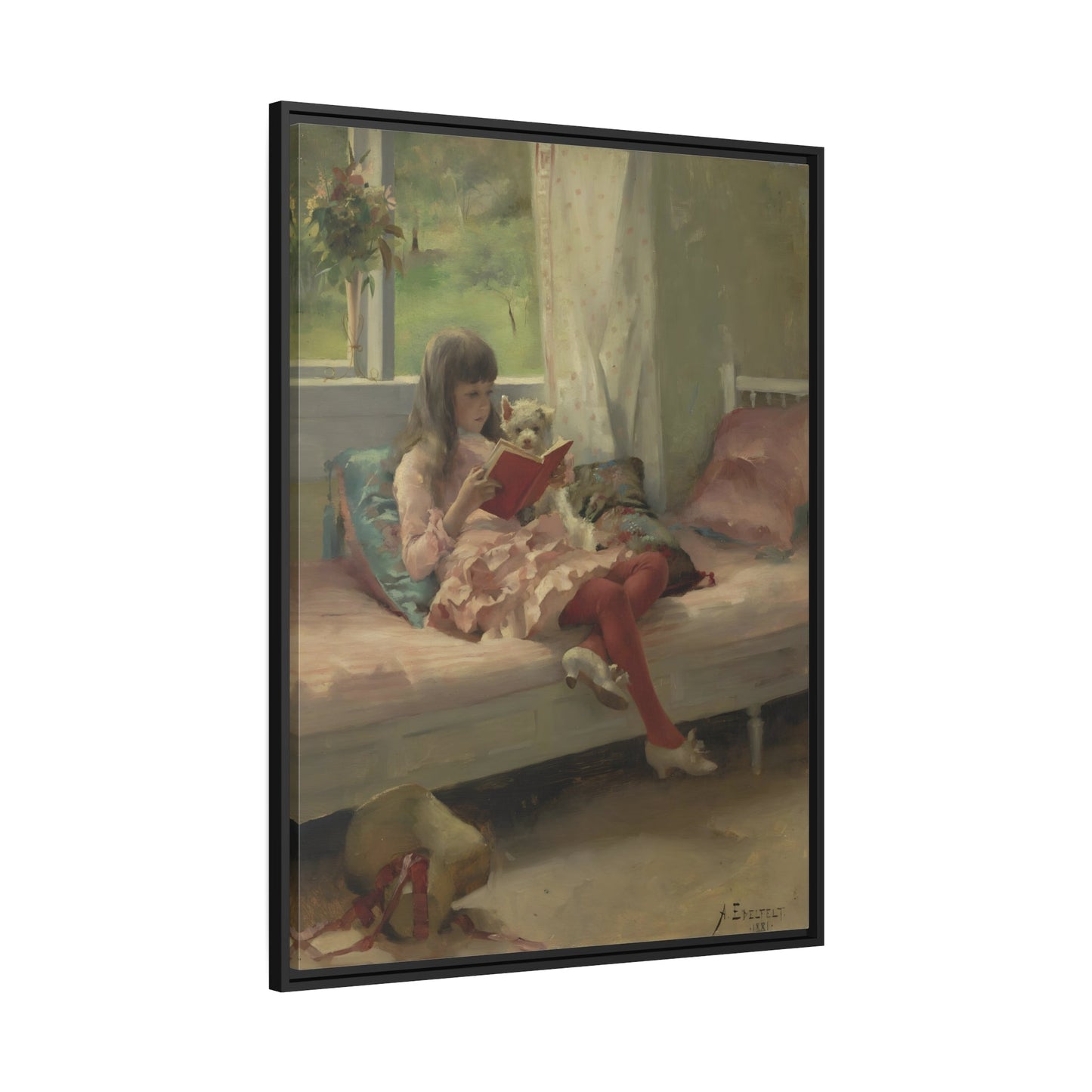 Edelfelt Good Friends Child Reading - Framed Canvas Wall Art Print in Black Frame