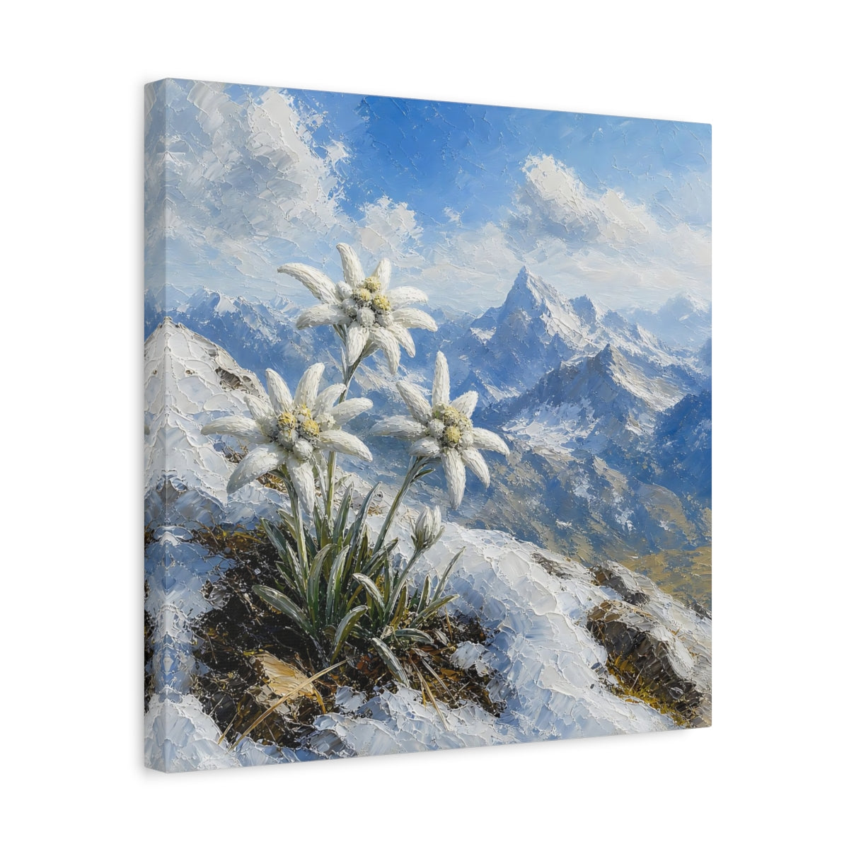 Side Mockup 6. Edelweiss In Snowy Alps shown as canvas print