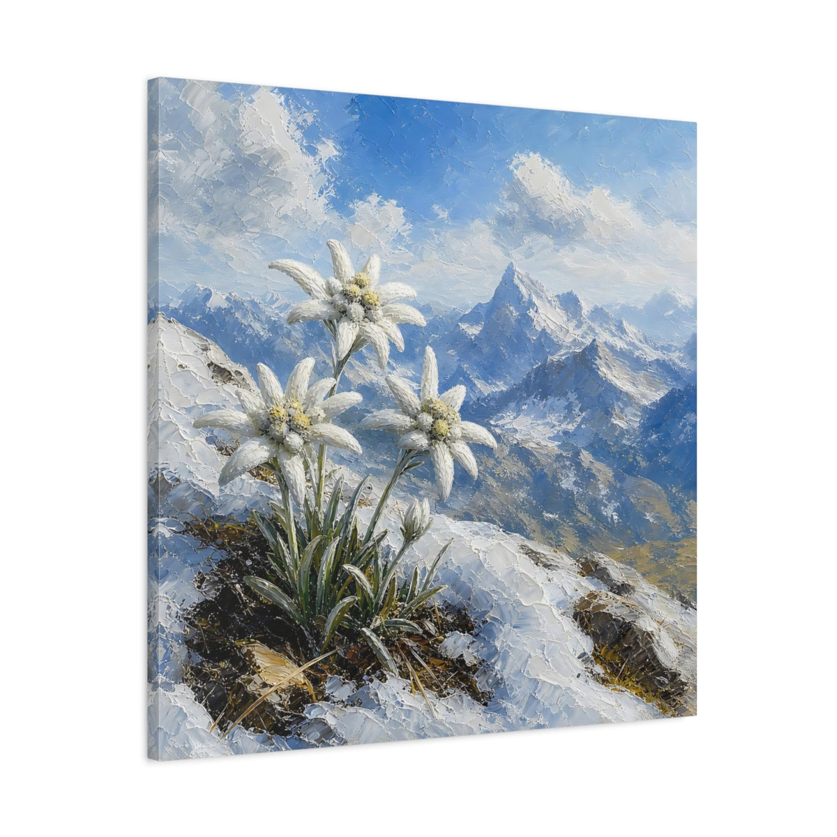 Side Mockup 3. Edelweiss In Snowy Alps shown as canvas print