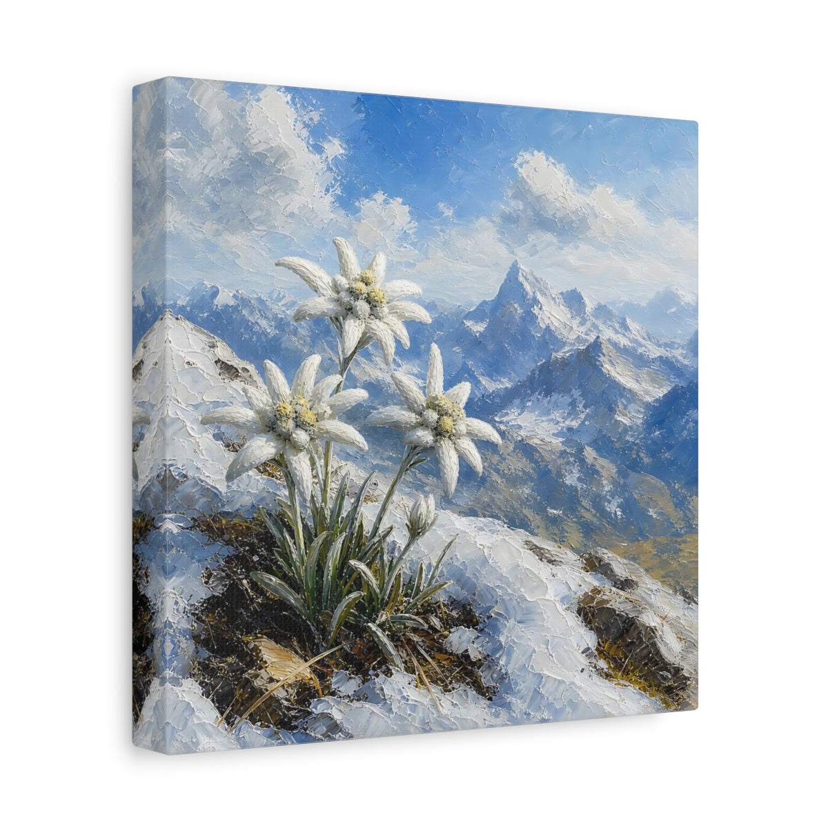 Side Mockup 9. Edelweiss In Snowy Alps shown as canvas print