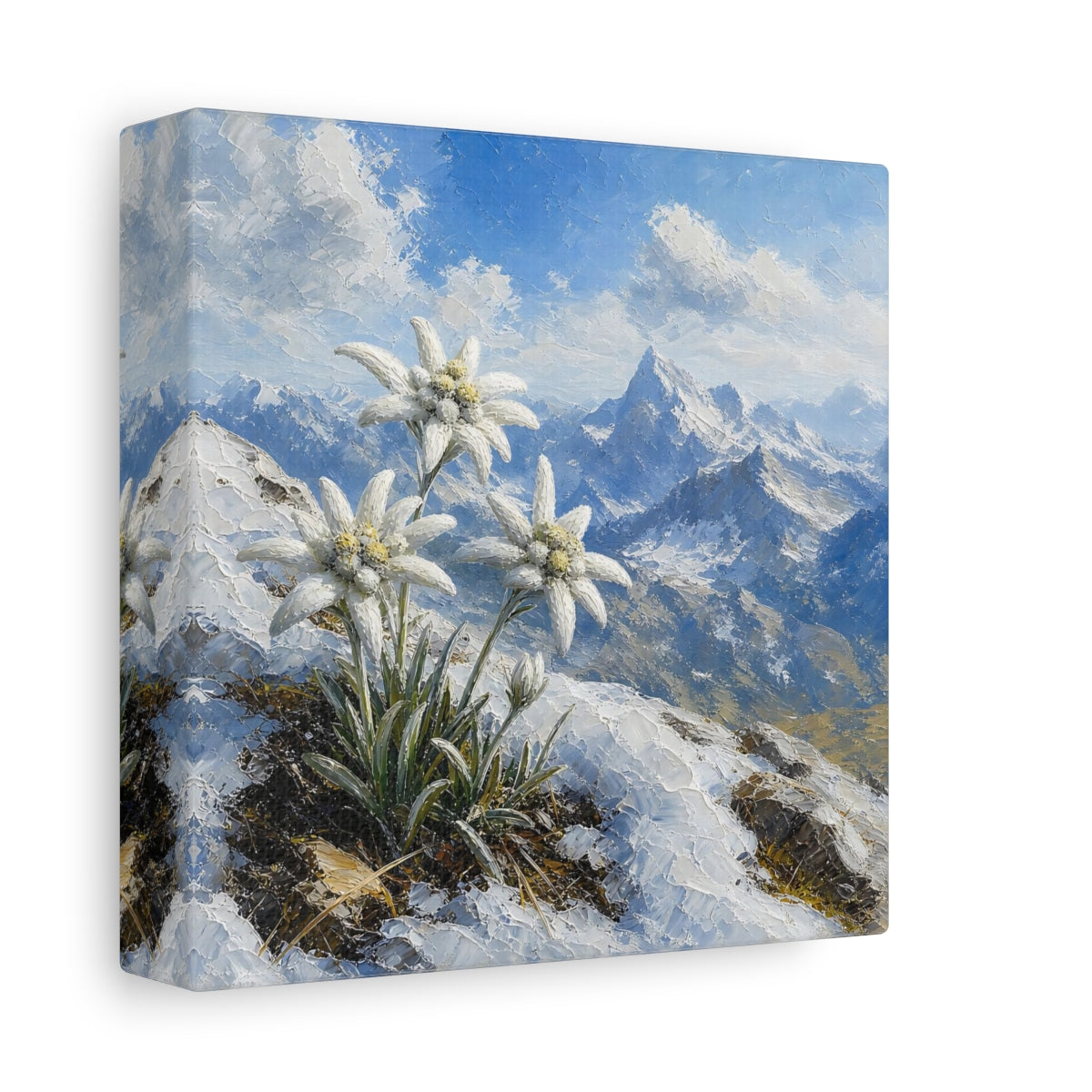 Side Mockup 2. Edelweiss In Snowy Alps shown as canvas print