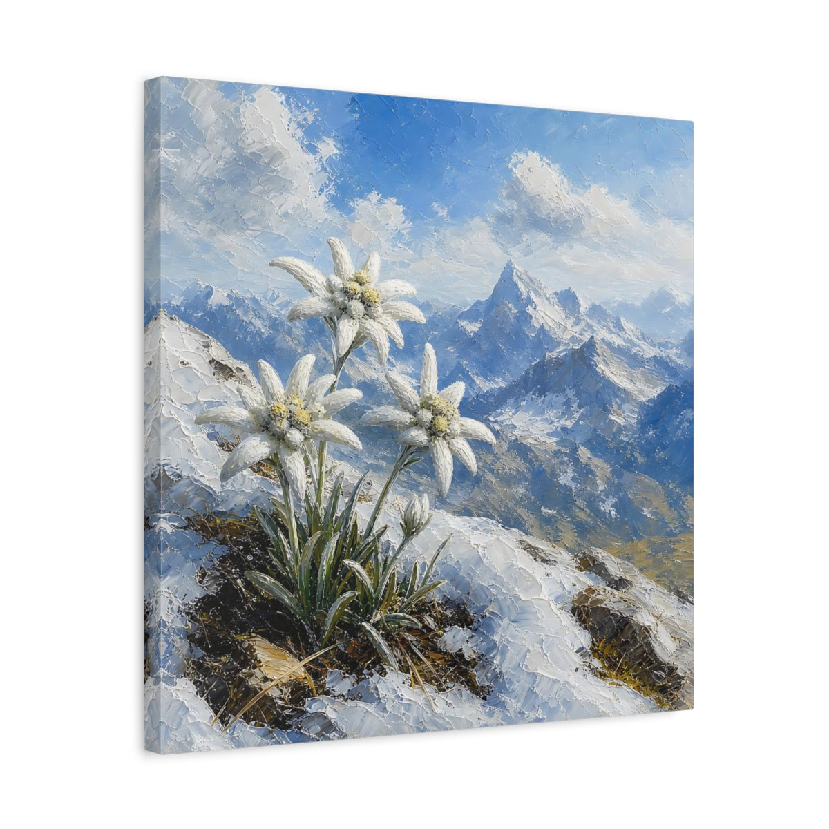 Side Mockup 5. Edelweiss In Snowy Alps shown as canvas print