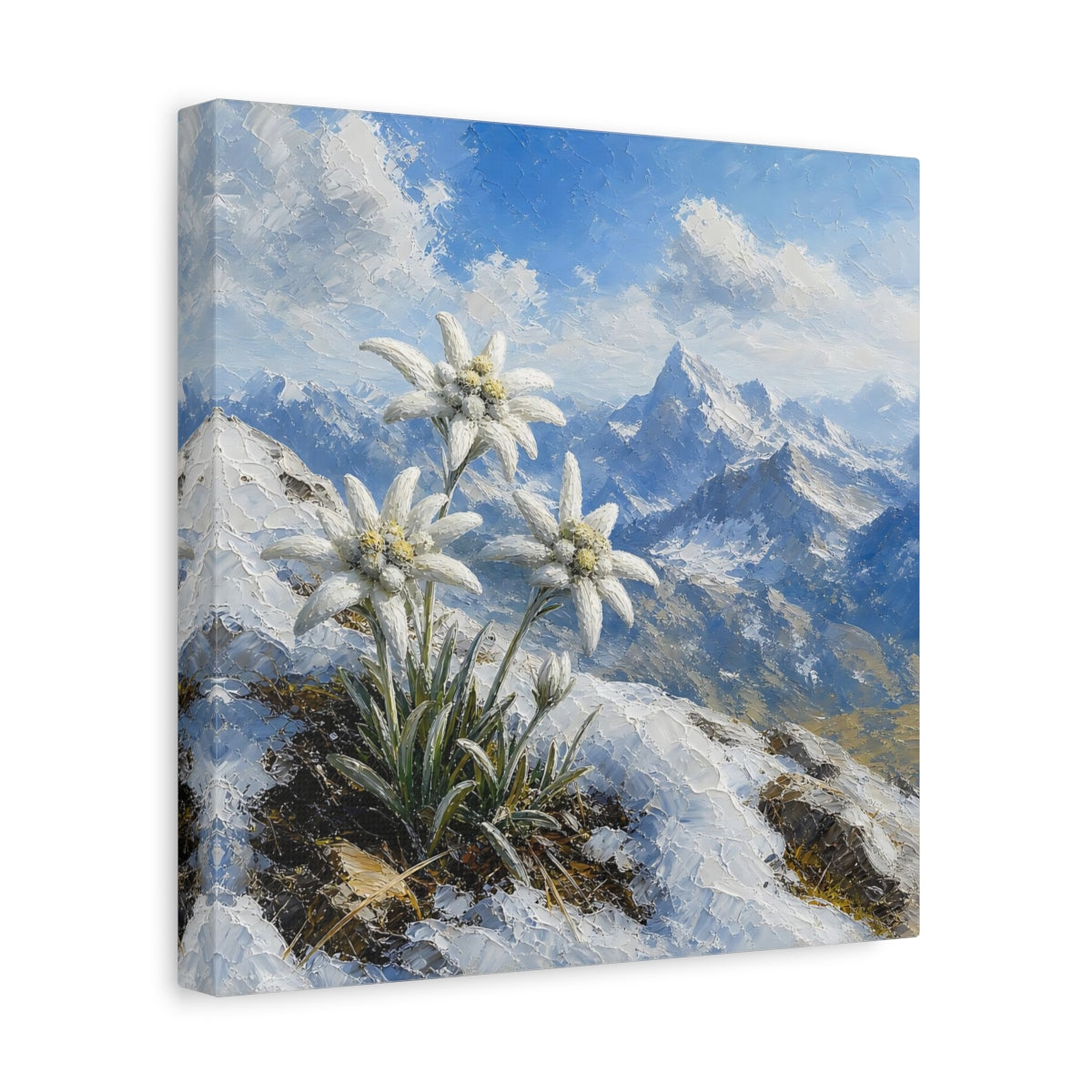 Side Mockup 8. Edelweiss In Snowy Alps shown as canvas print
