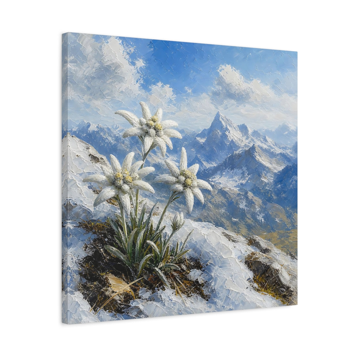 Side Mockup 4. Edelweiss In Snowy Alps shown as canvas print