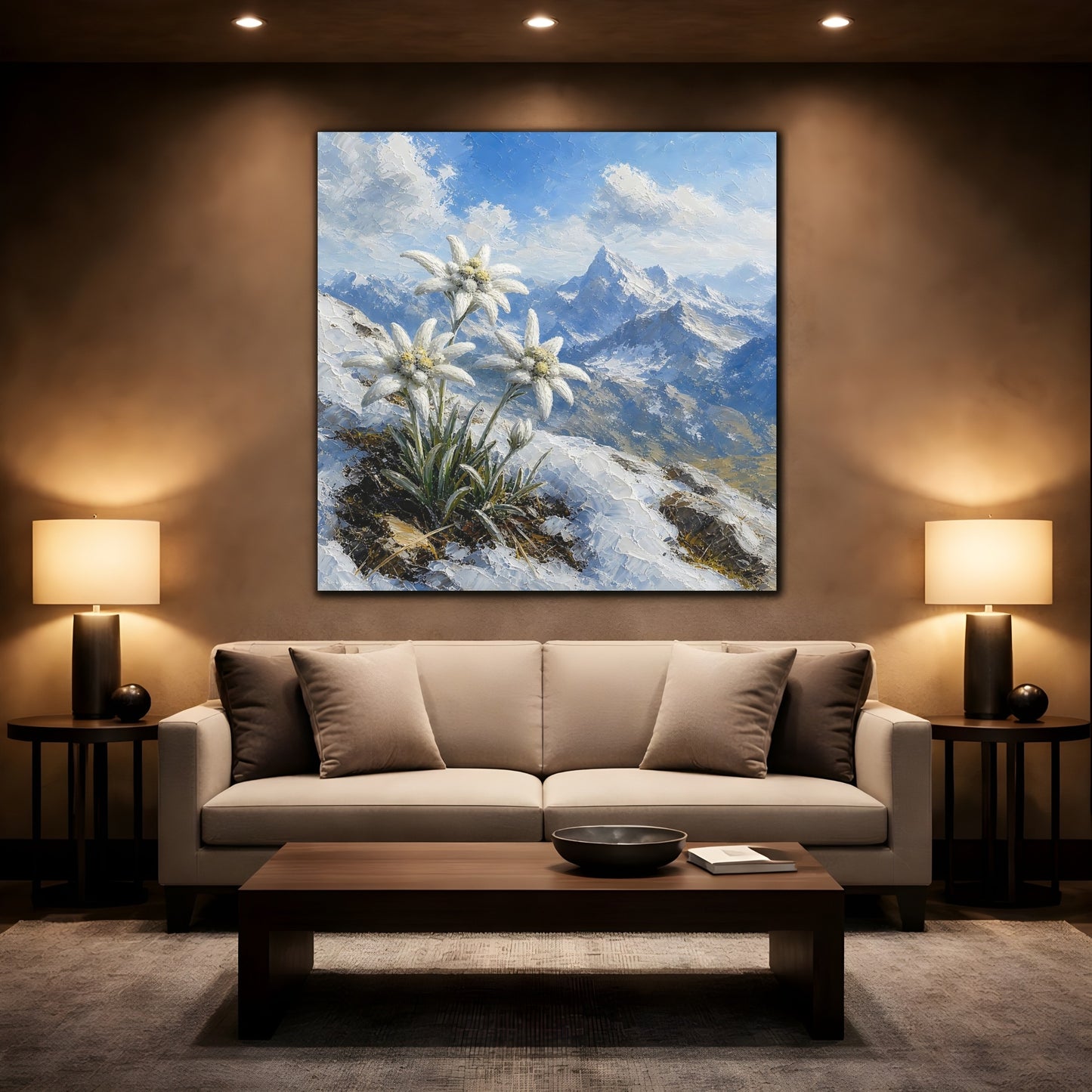 Mockup 2. Edelweiss In Snowy Alps shown as canvas print