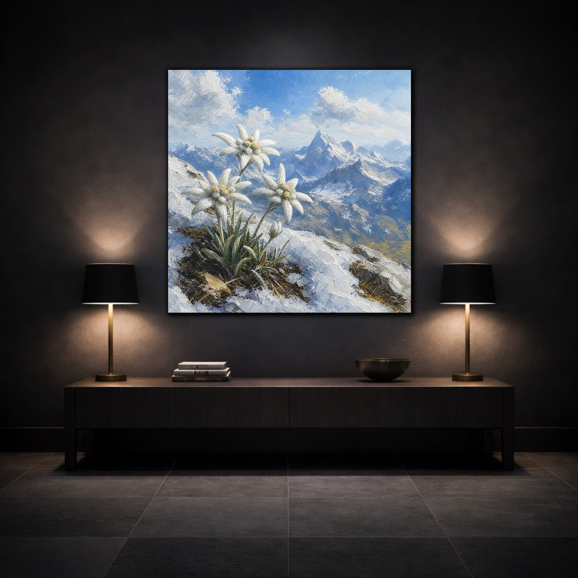 Mockup 3. Edelweiss In Snowy Alps shown as canvas print
