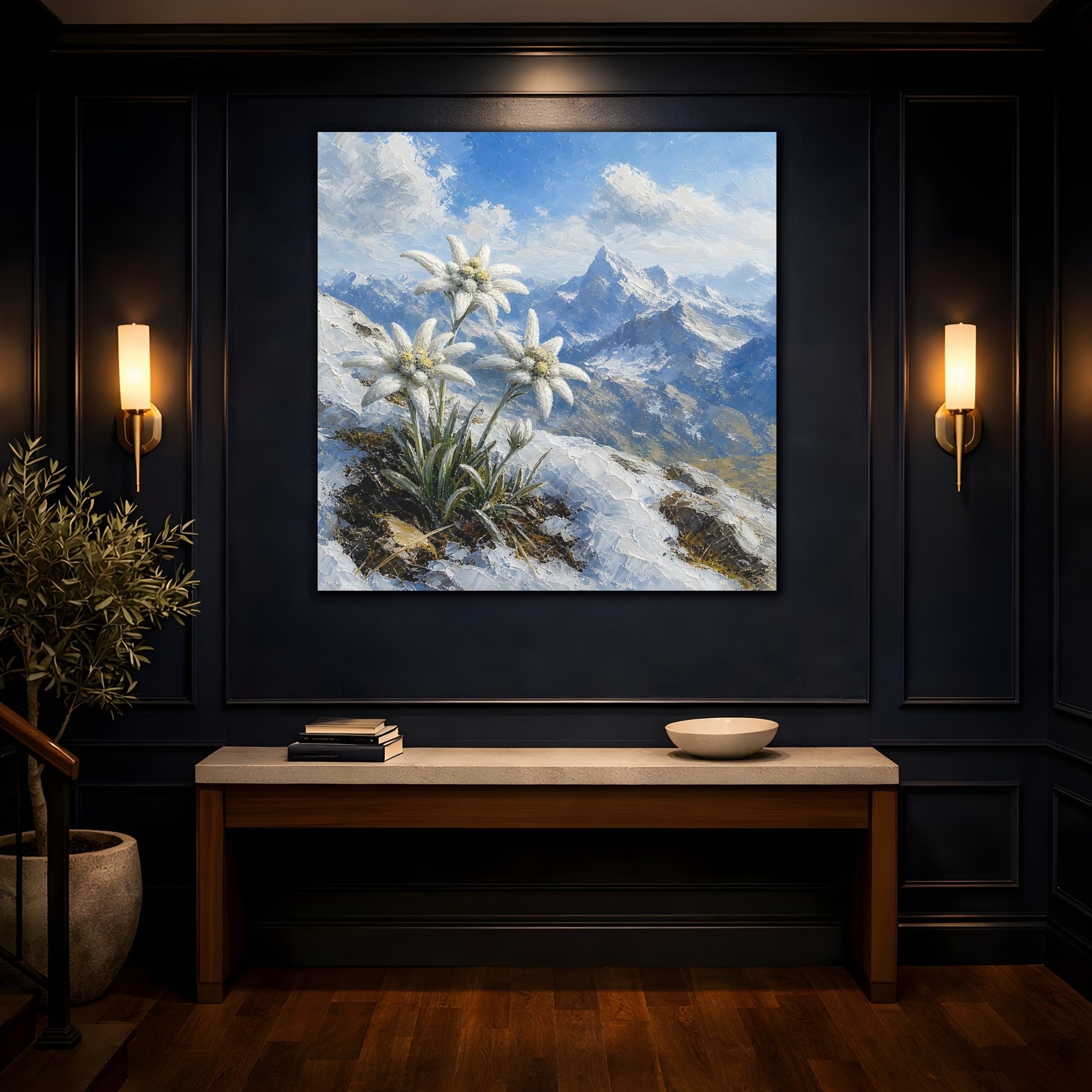 Mockup 4. Edelweiss In Snowy Alps shown as canvas print