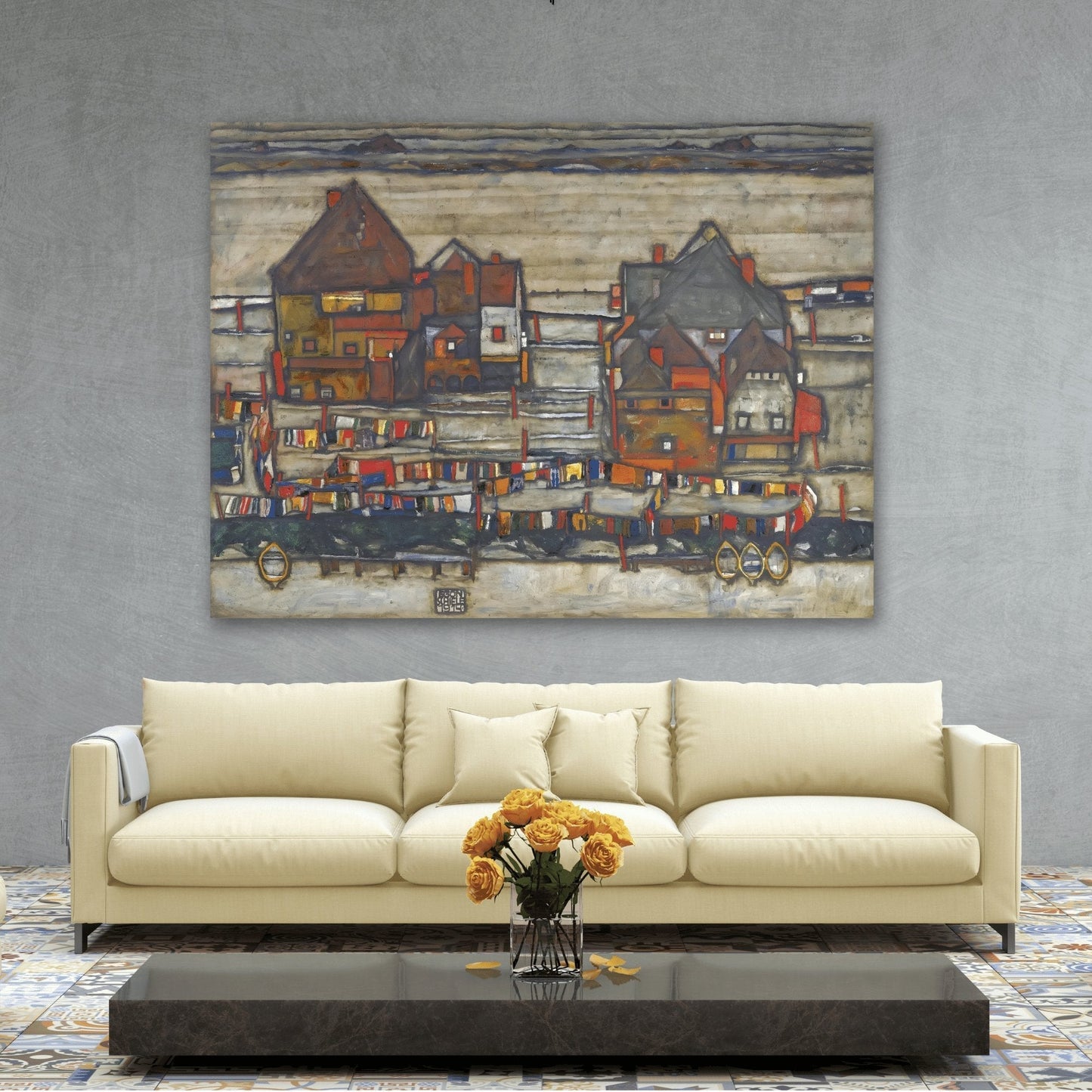 Egon Schiele Houses With Laundry Suburb - Canvas Wall Art Print