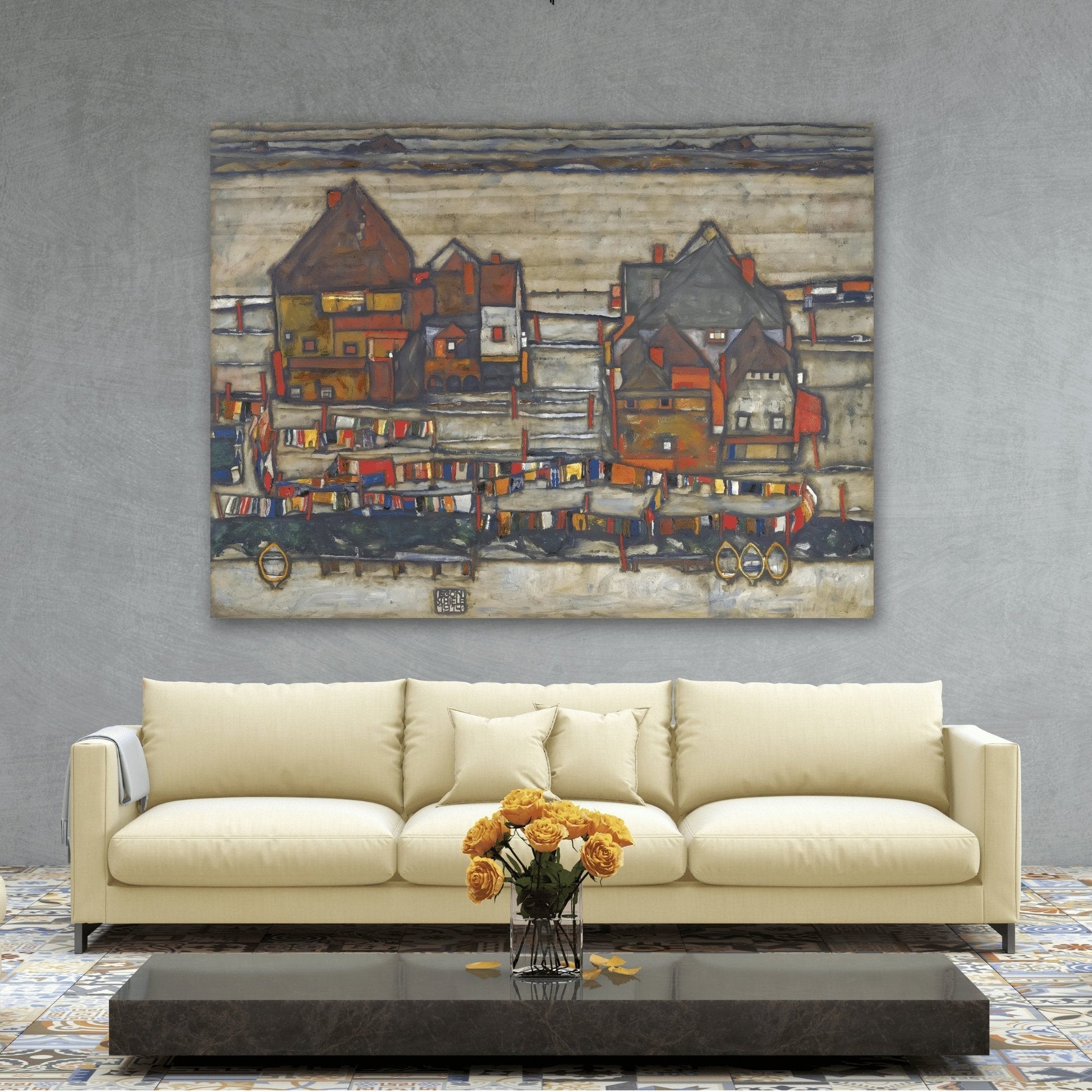 Egon Schiele Houses With Laundry Suburb - Canvas Wall Art Print