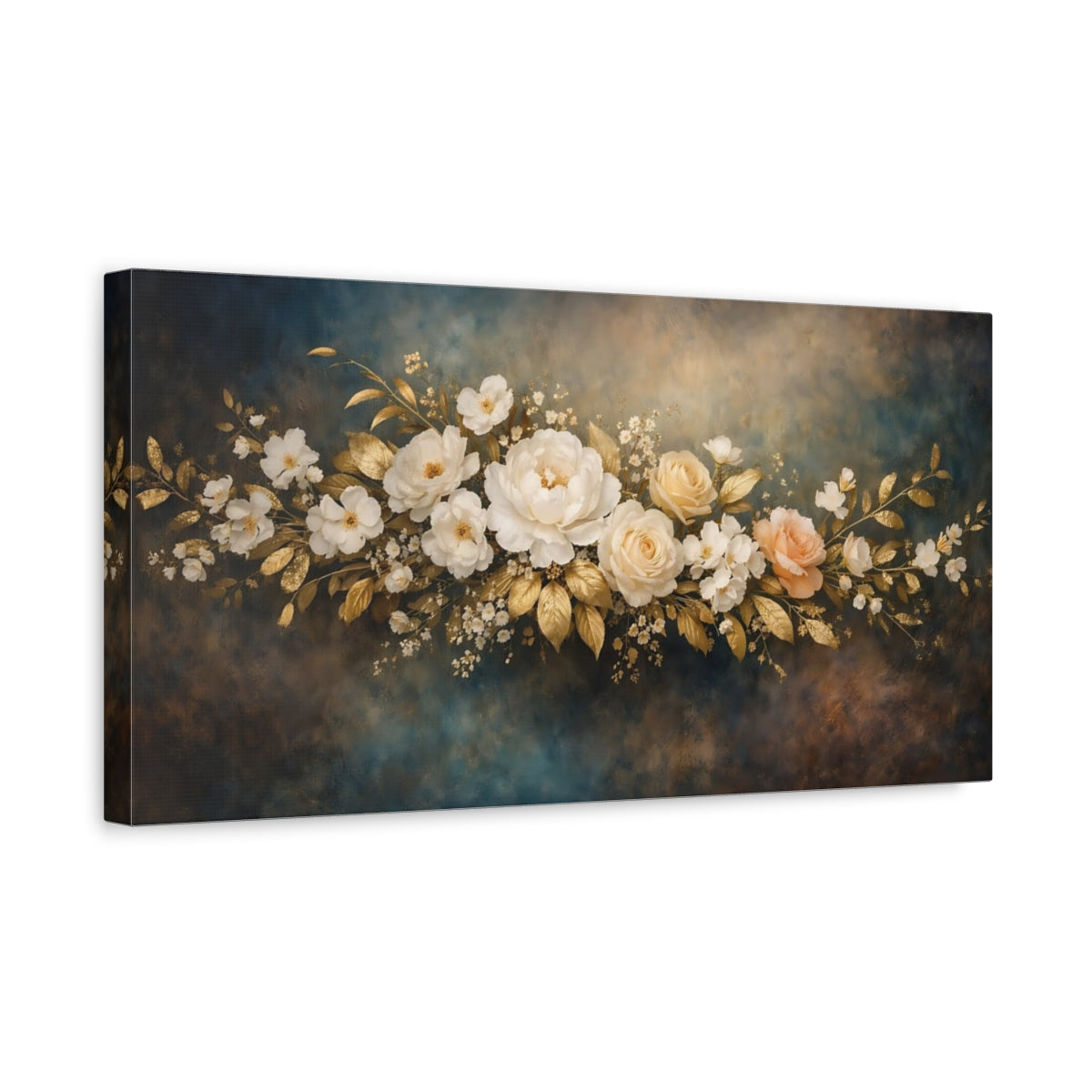 Side Mockup 3. Floral Floral Arrangement Gold And Blue Floral shown as stretched canvas wall art