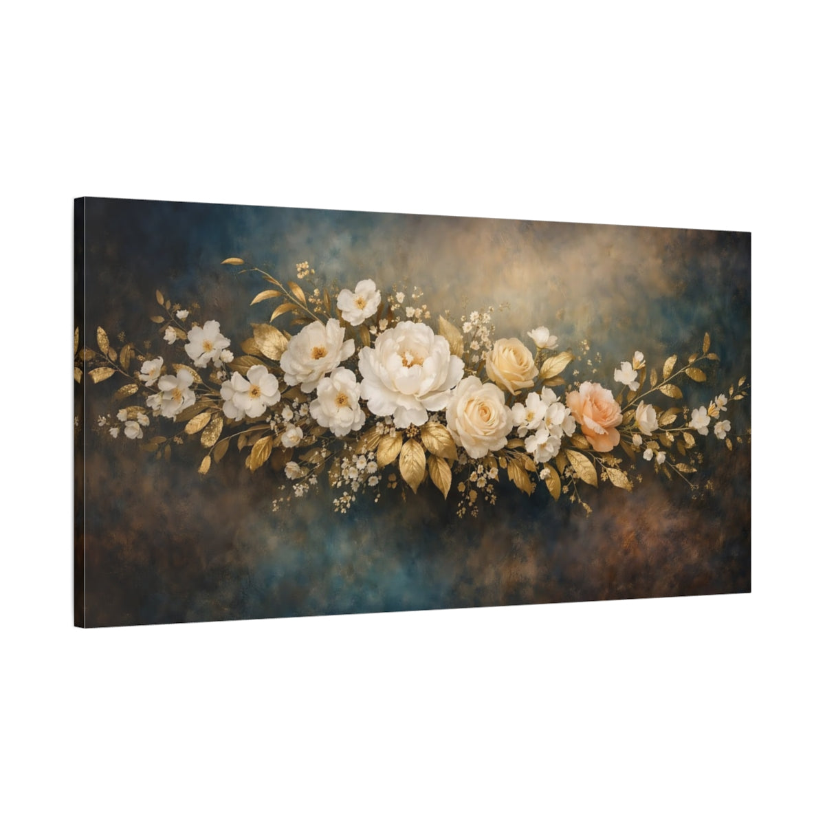 Side Mockup 1. Floral Floral Arrangement Gold And Blue Floral shown as stretched canvas wall art