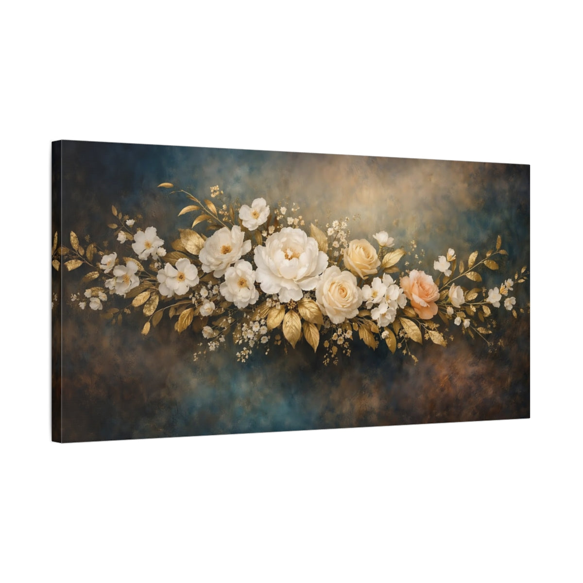 Side Mockup 2. Floral Floral Arrangement Gold And Blue Floral shown as stretched canvas wall art