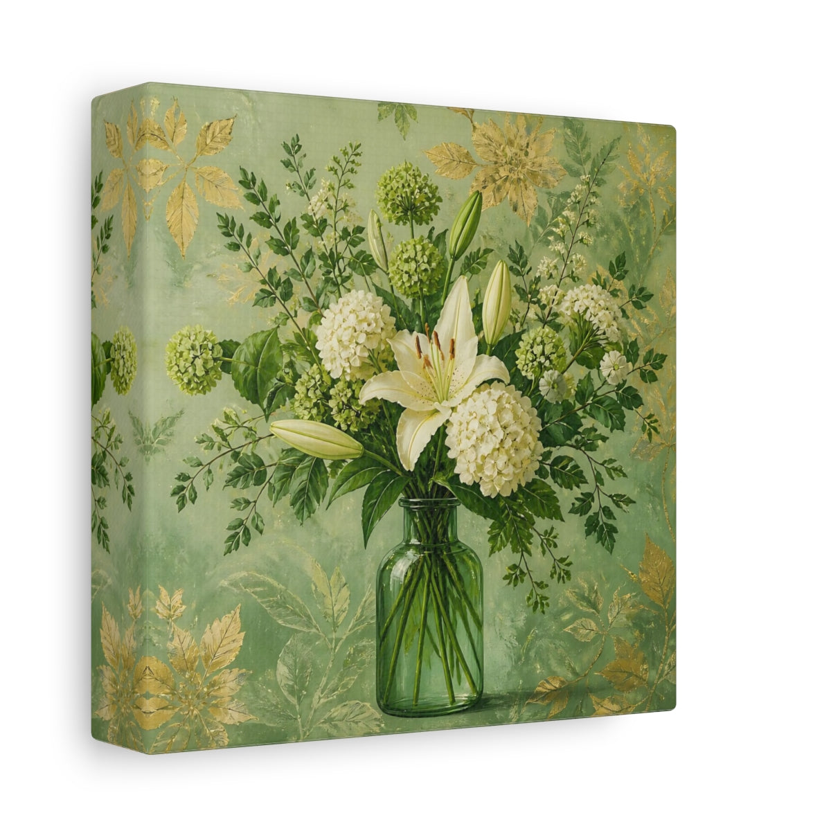 Side Mockup 2. Elegant Old-World Painting Fresh Stems In Green Glass Bottle shown as stretched canvas wall art