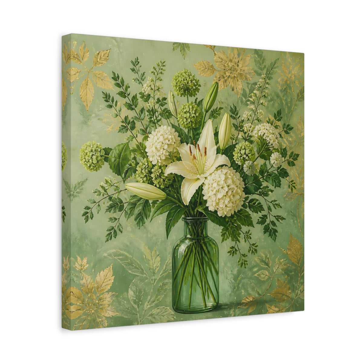 Side Mockup 6. Elegant Old-World Painting Fresh Stems In Green Glass Bottle shown as stretched canvas wall art