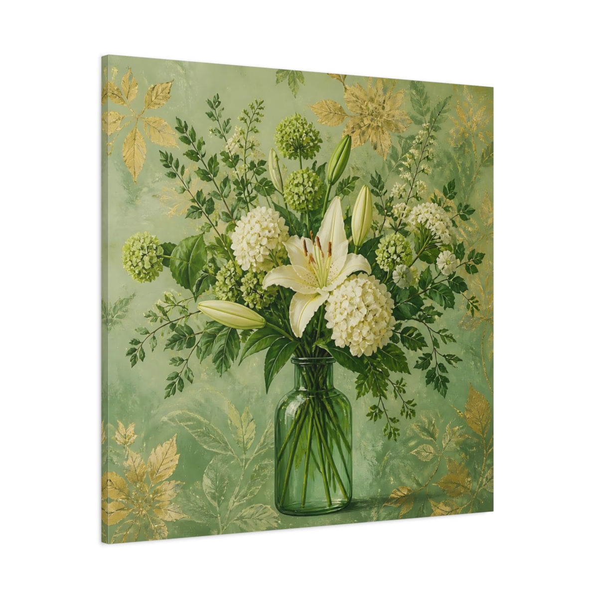 Side Mockup 1. Elegant Old-World Painting Fresh Stems In Green Glass Bottle shown as stretched canvas wall art
