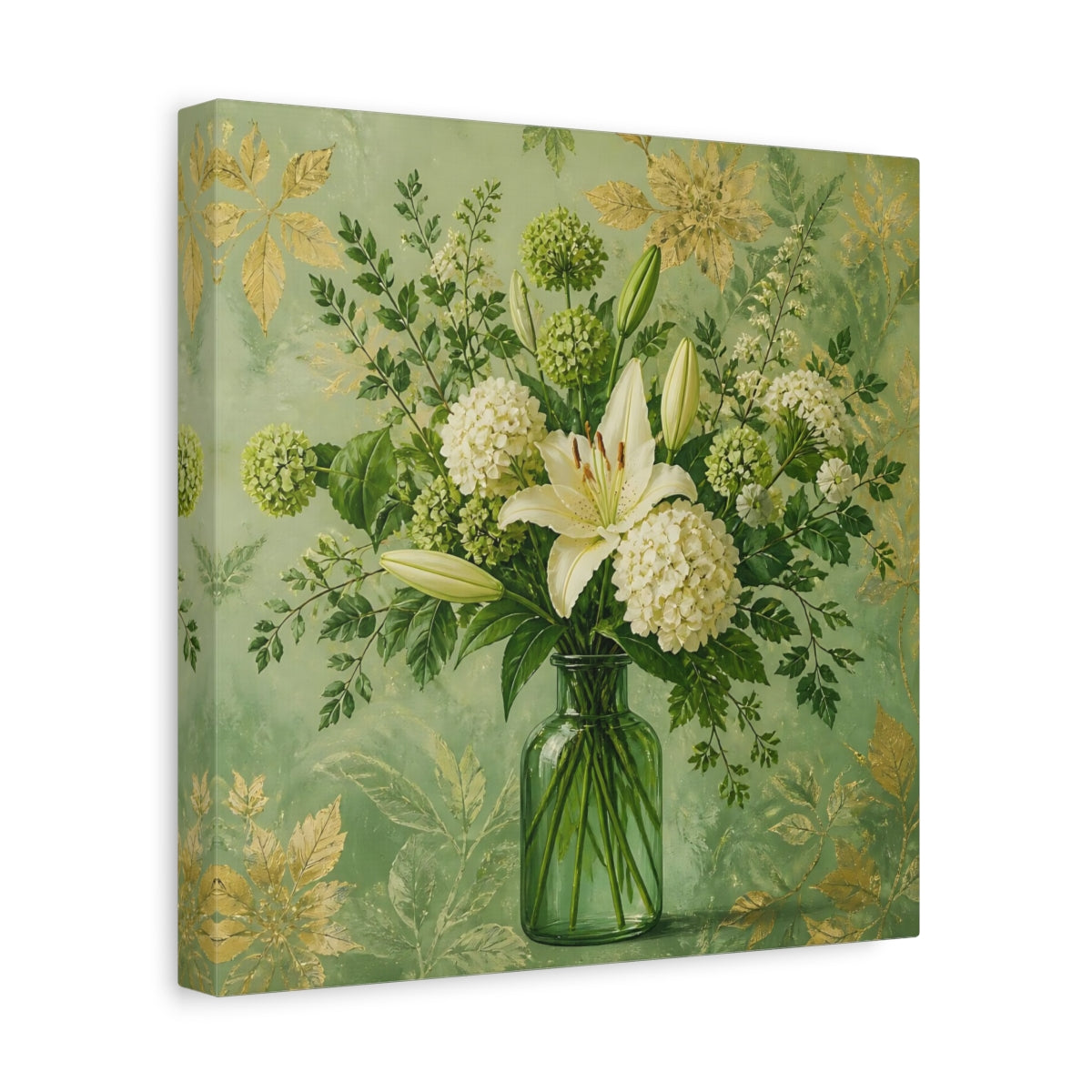 Side Mockup 8. Elegant Old-World Painting Fresh Stems In Green Glass Bottle shown as stretched canvas wall art