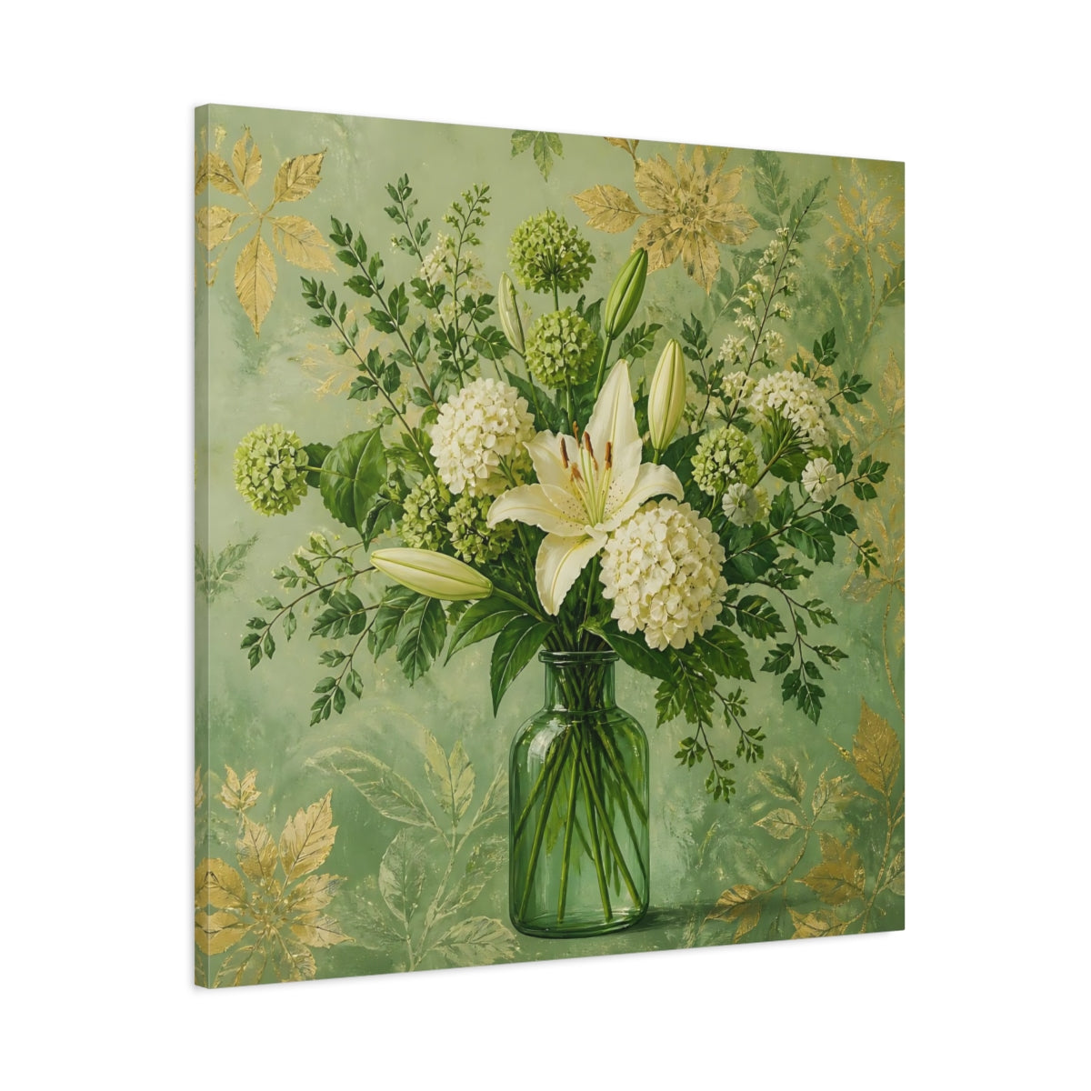 Main Mockup. Elegant Old-World Painting Fresh Stems In Green Glass Bottle shown as stretched canvas wall art