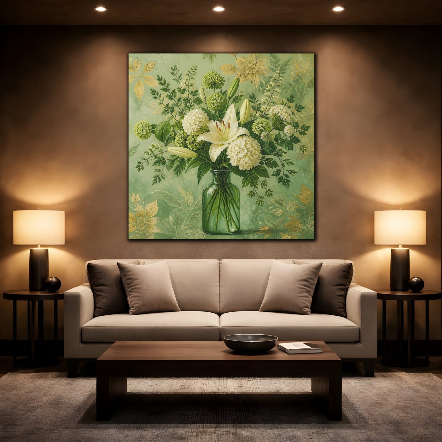 Mockup 2. Elegant Old-World Painting Fresh Stems In Green Glass Bottle shown as stretched canvas wall art