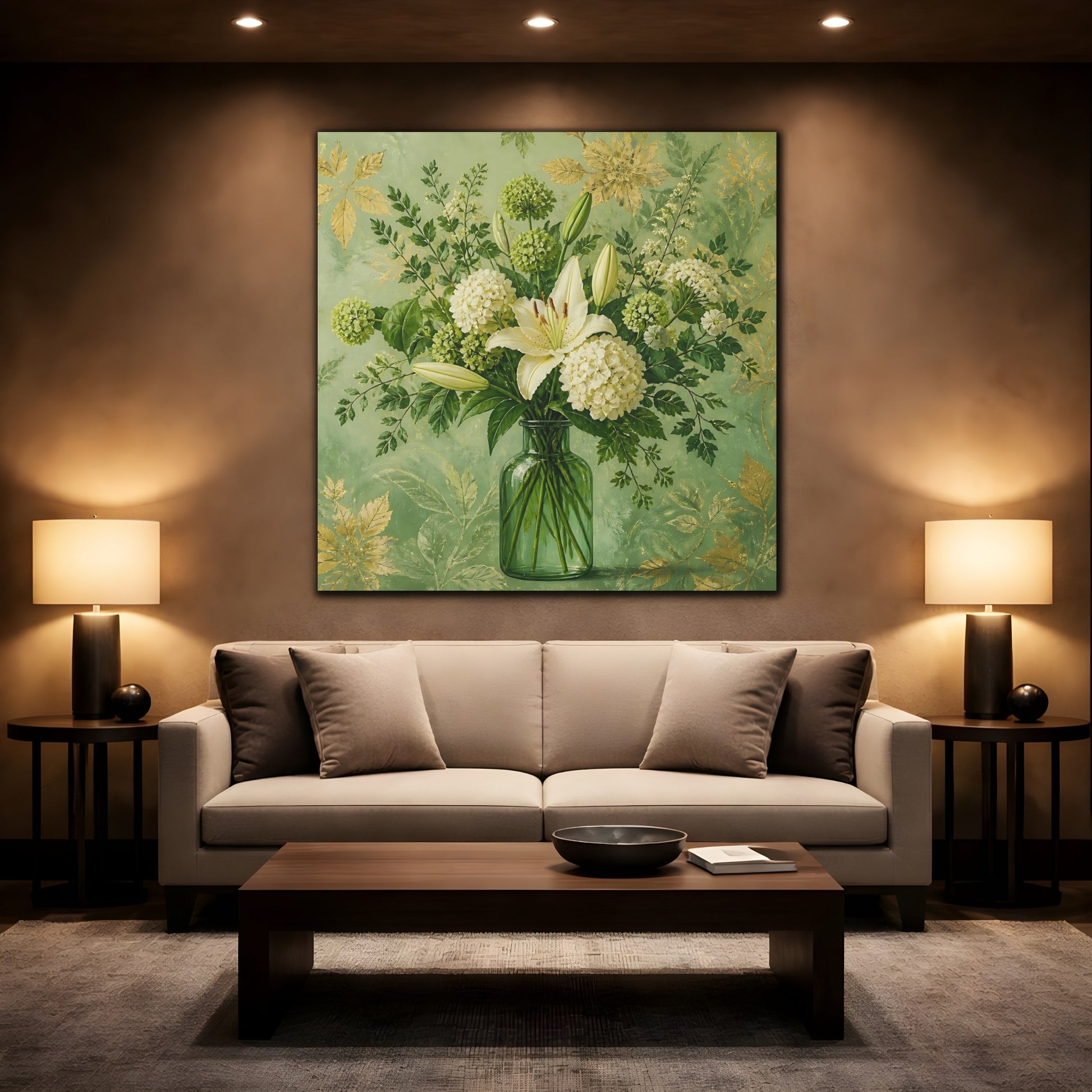 Mockup 2. Elegant Old-World Painting Fresh Stems In Green Glass Bottle shown as stretched canvas wall art