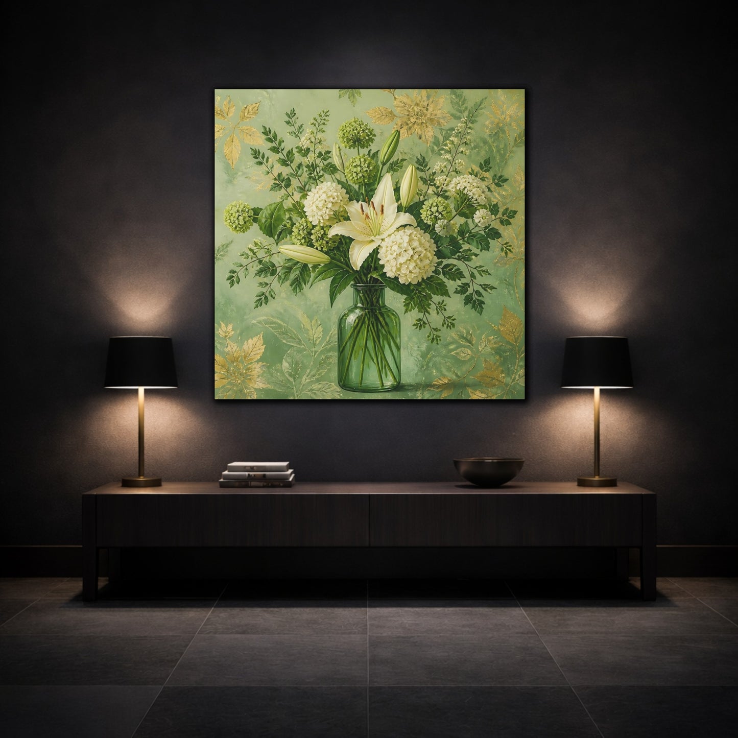 Mockup 3. Elegant Old-World Painting Fresh Stems In Green Glass Bottle shown as stretched canvas wall art