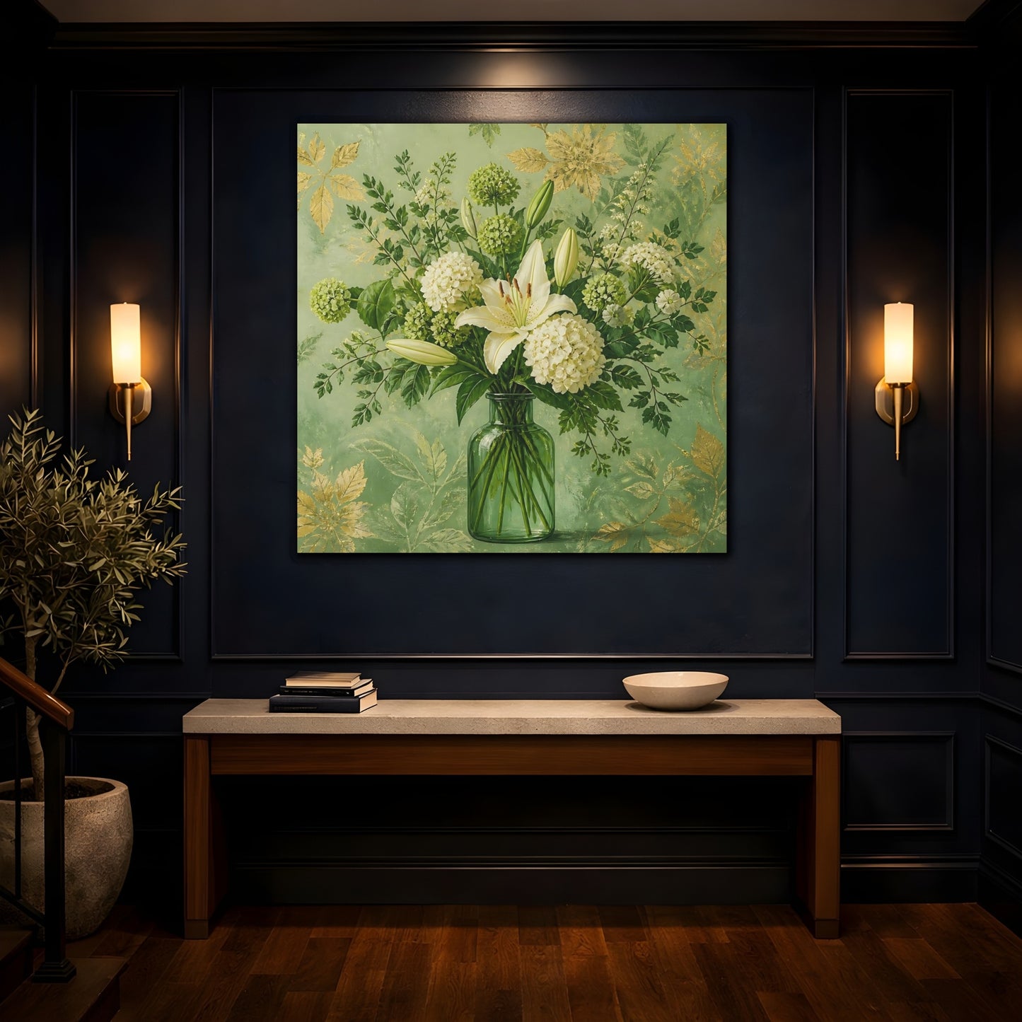 Mockup 4. Elegant Old-World Painting Fresh Stems In Green Glass Bottle shown as stretched canvas wall art