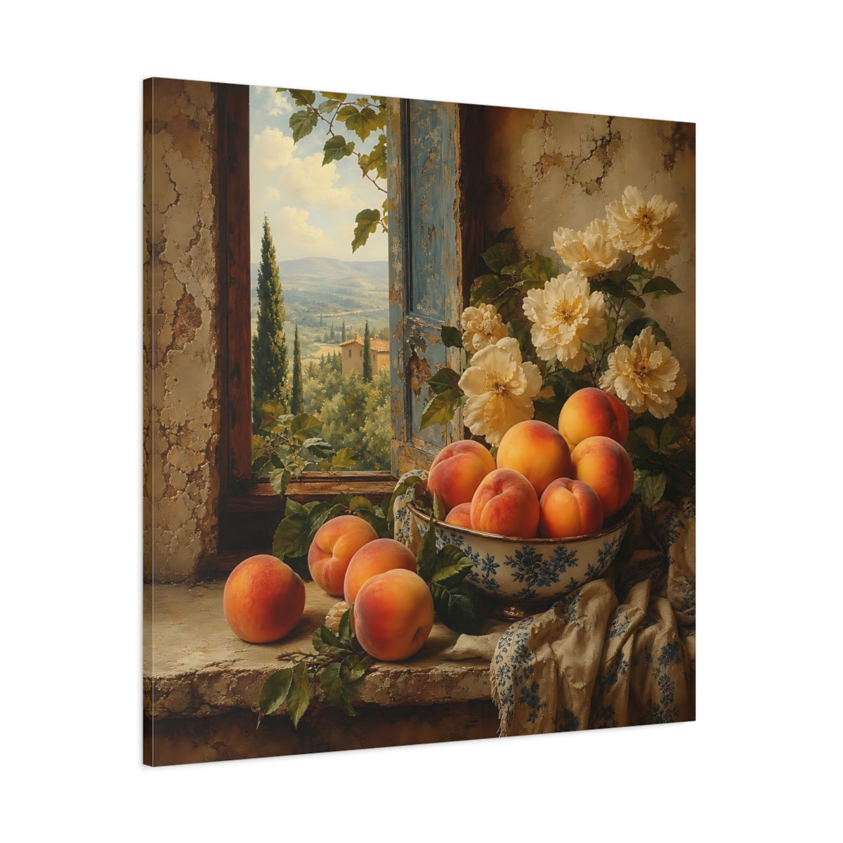 Side Mockup 1. Elegant Old-World Painting Peaches Beside Cream Flowers shown as stretched canvas wall art