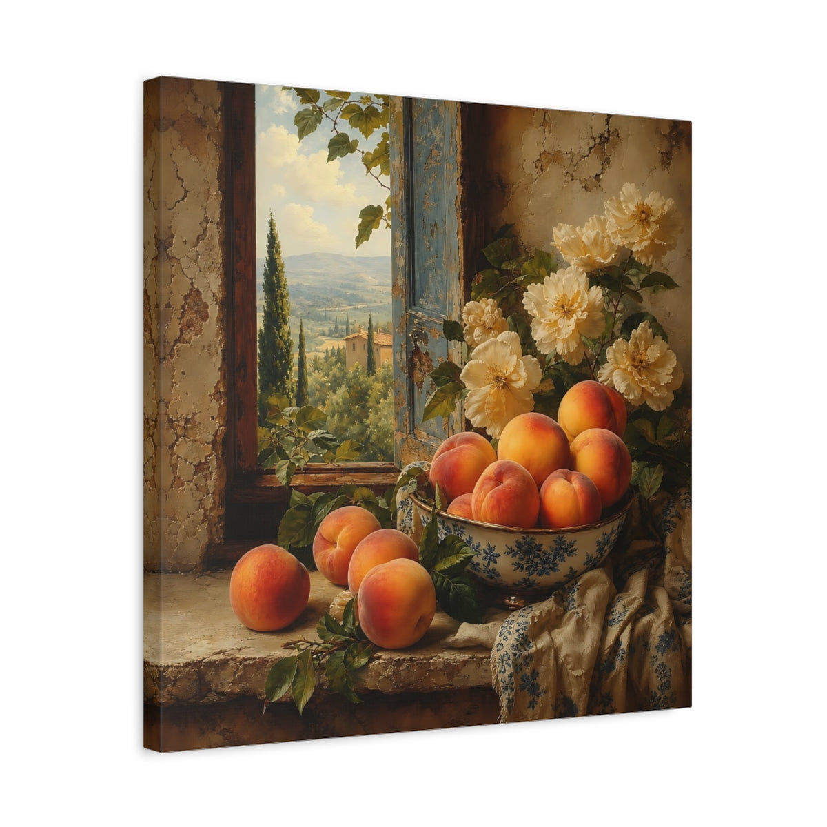 Side Mockup 5. Elegant Old-World Painting Peaches Beside Cream Flowers shown as stretched canvas wall art