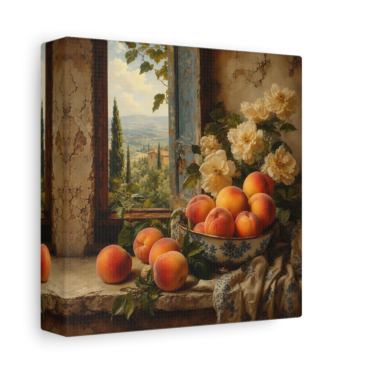 Side Mockup 2. Elegant Old-World Painting Peaches Beside Cream Flowers shown as stretched canvas wall art