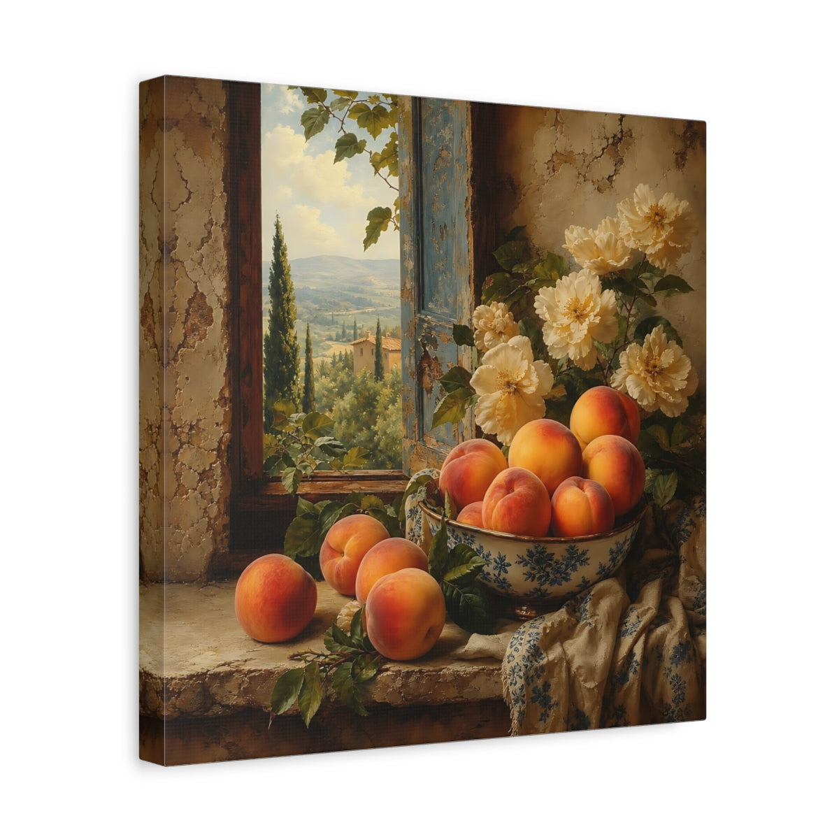 Side Mockup 7. Elegant Old-World Painting Peaches Beside Cream Flowers shown as stretched canvas wall art