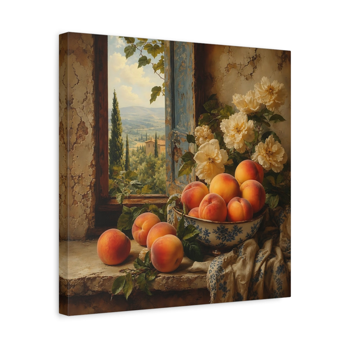 Side Mockup 6. Elegant Old-World Painting Peaches Beside Cream Flowers shown as stretched canvas wall art