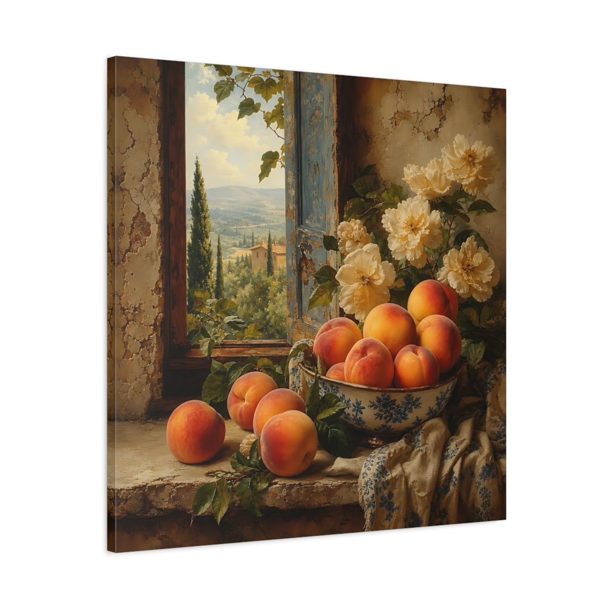 Side Mockup 3. Elegant Old-World Painting Peaches Beside Cream Flowers shown as stretched canvas wall art