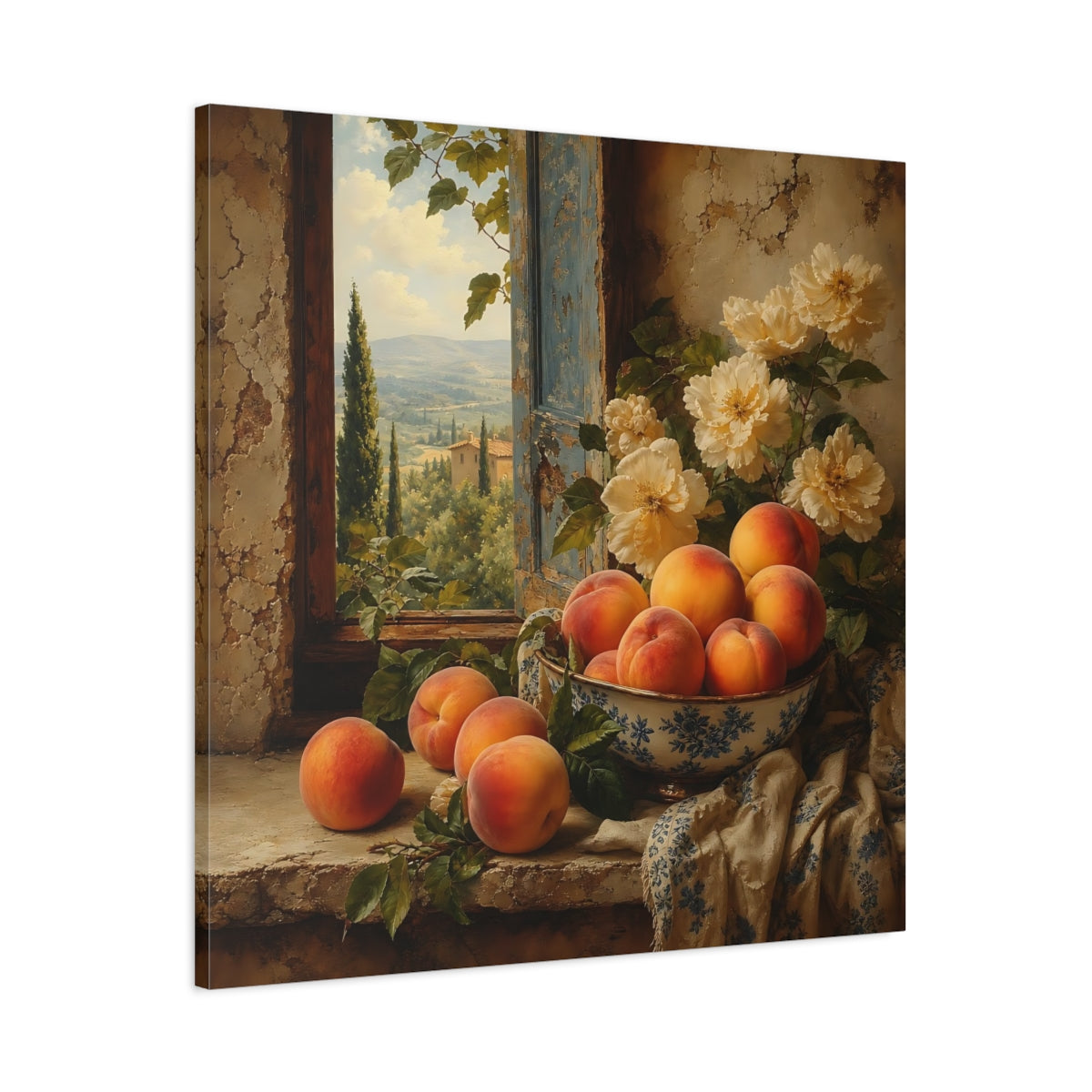Main Mockup. Elegant Old-World Painting Peaches Beside Cream Flowers shown as stretched canvas wall art
