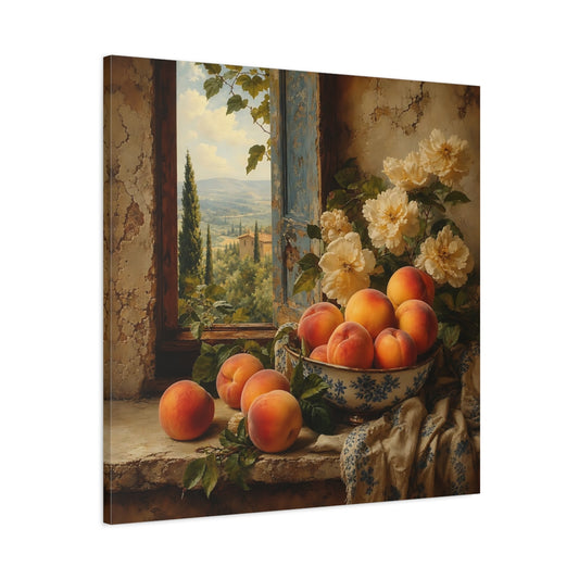Main Mockup. Elegant Old-World Painting Peaches Beside Cream Flowers shown as stretched canvas wall art