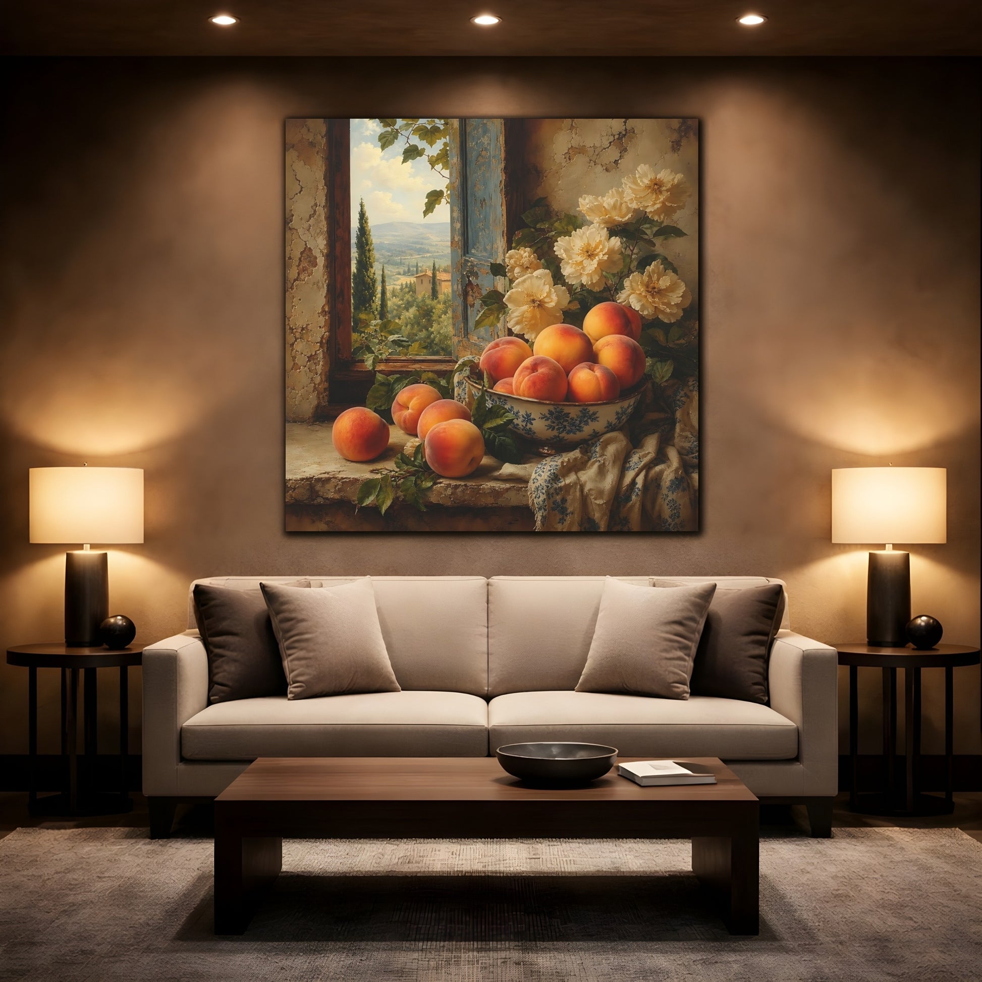 Mockup 2. Elegant Old-World Painting Peaches Beside Cream Flowers shown as stretched canvas wall art